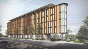 rendering of a modern timber flatiron buiding, the Leaside Innovation Centre