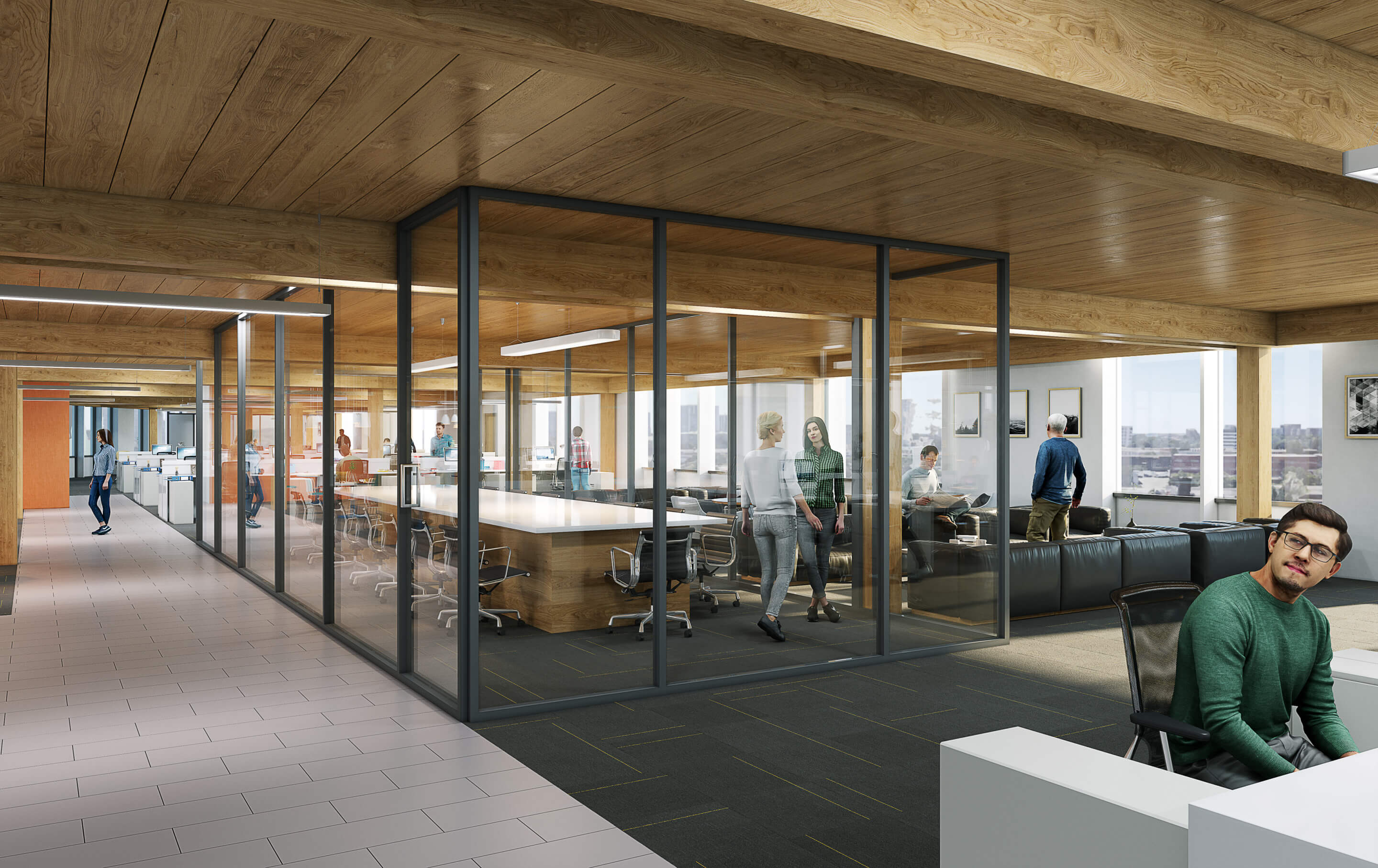 rendering of office space with exposed wood