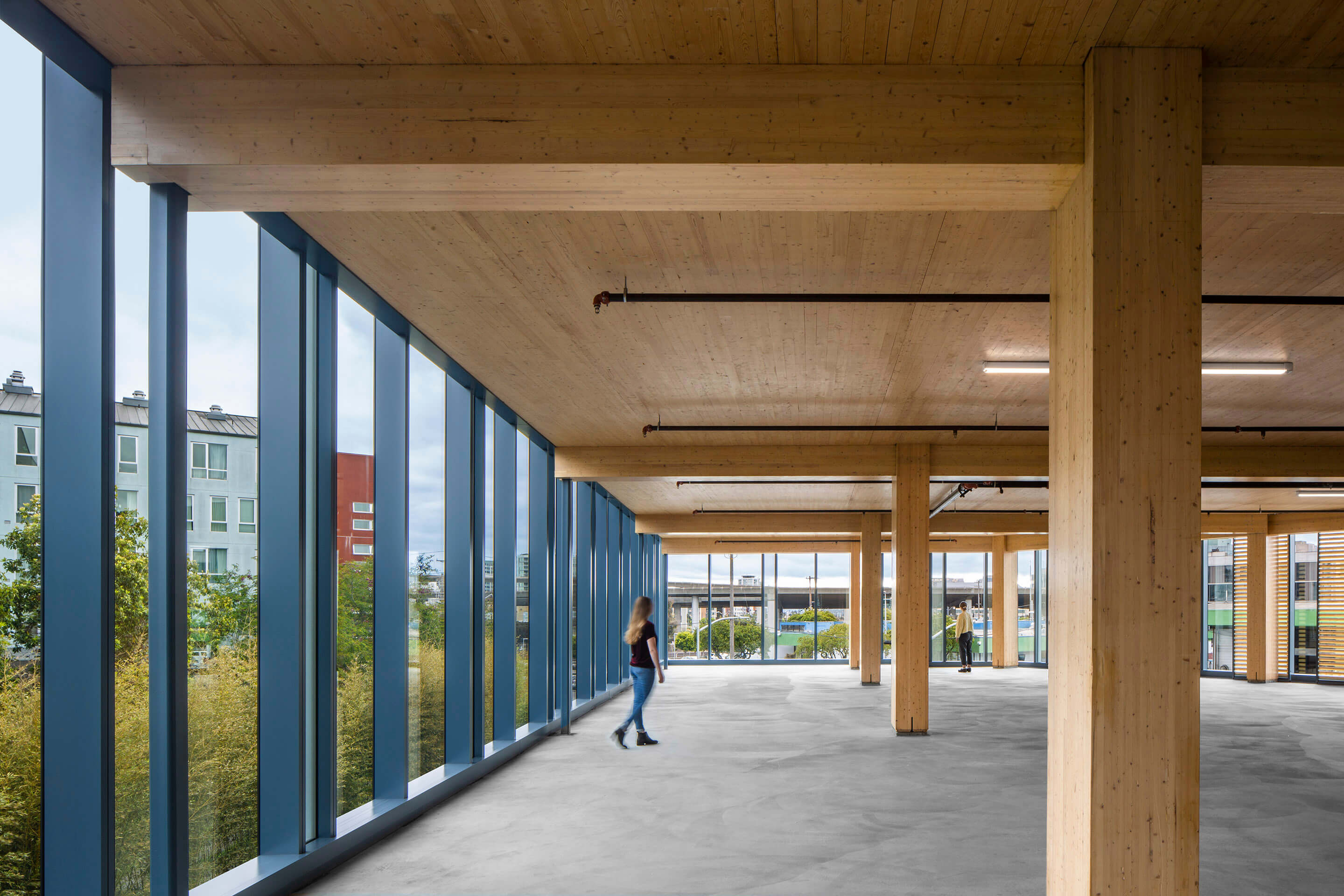 a sprawling open space with large windows and wood panel ceiling
