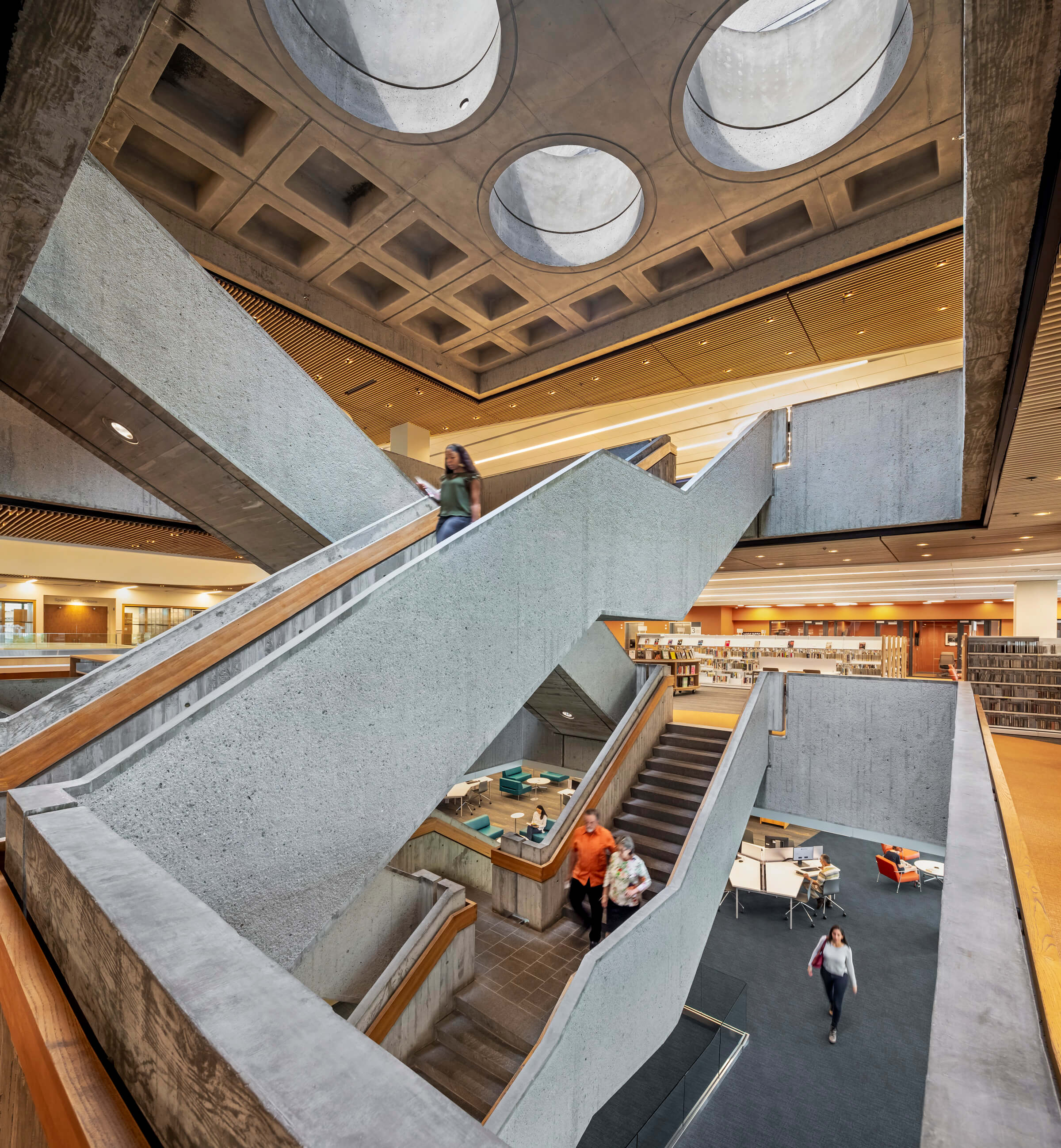 the concrete interior of a brutalist library