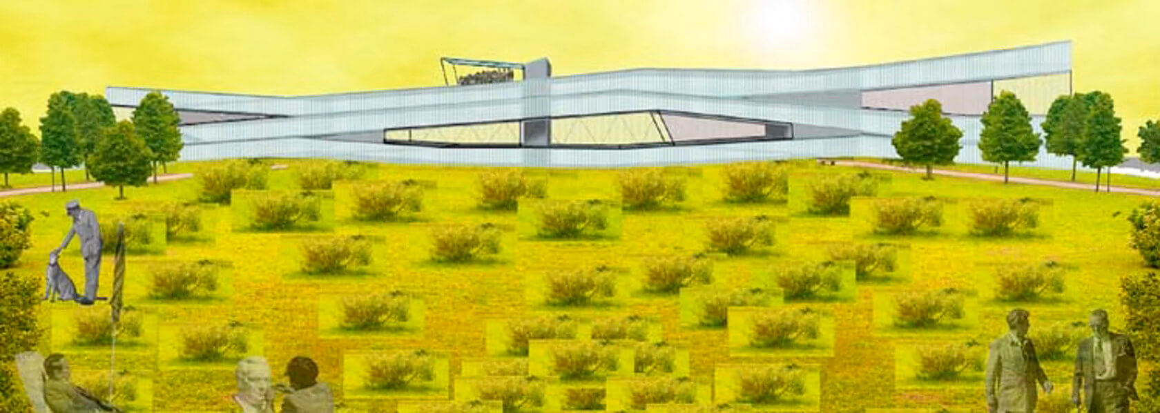 rendering of a long linear housing complex in a field of sunflowers