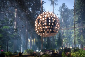 rendering of a sphere covered in birdhouses, the biosphere