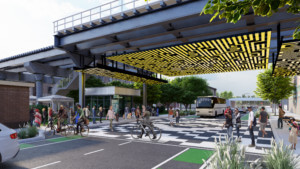 rendering of a vibrant streetscape under an overpass