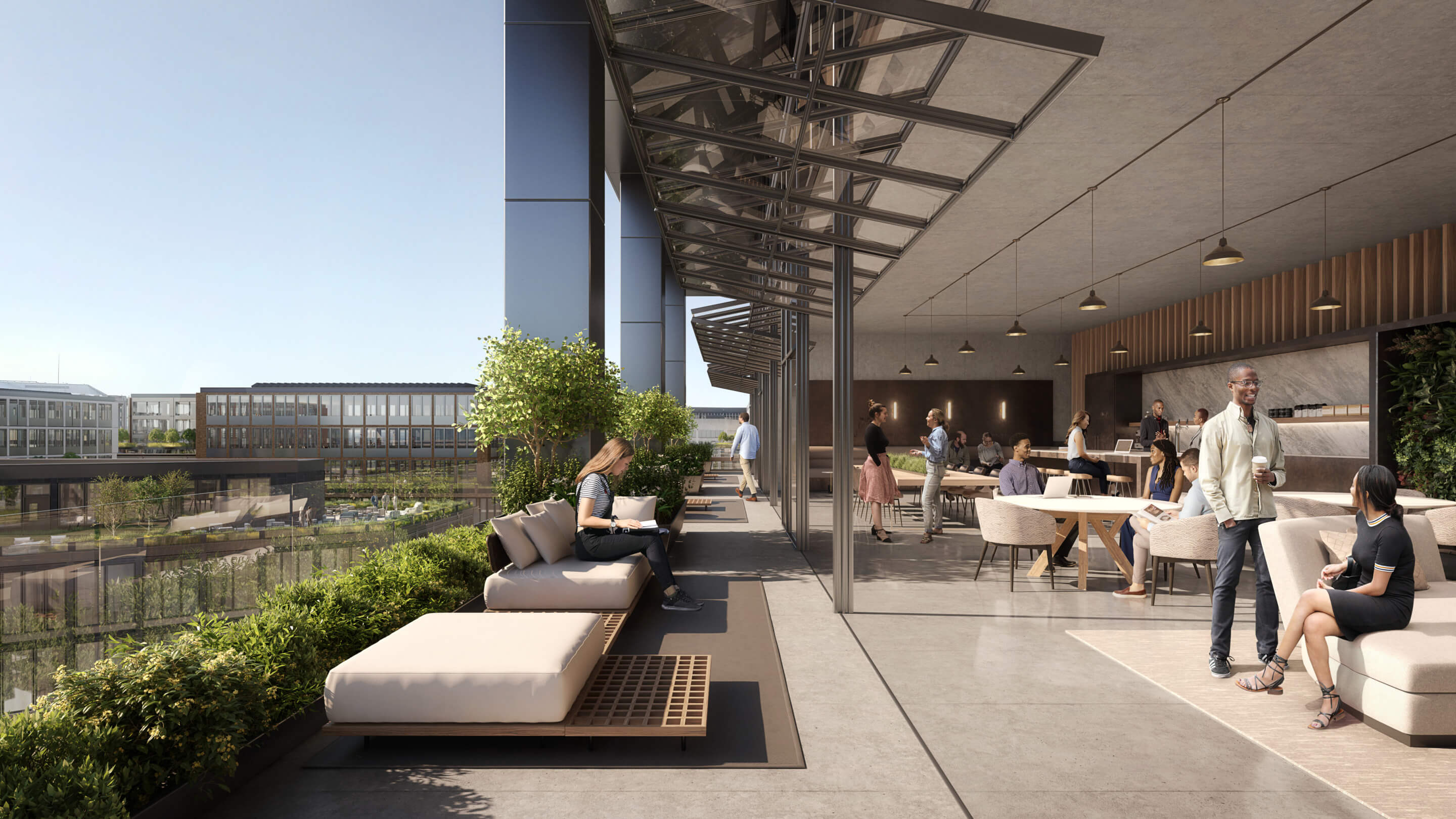 rendering of office workers enjoying an open-air terrace at One Centennial Yards