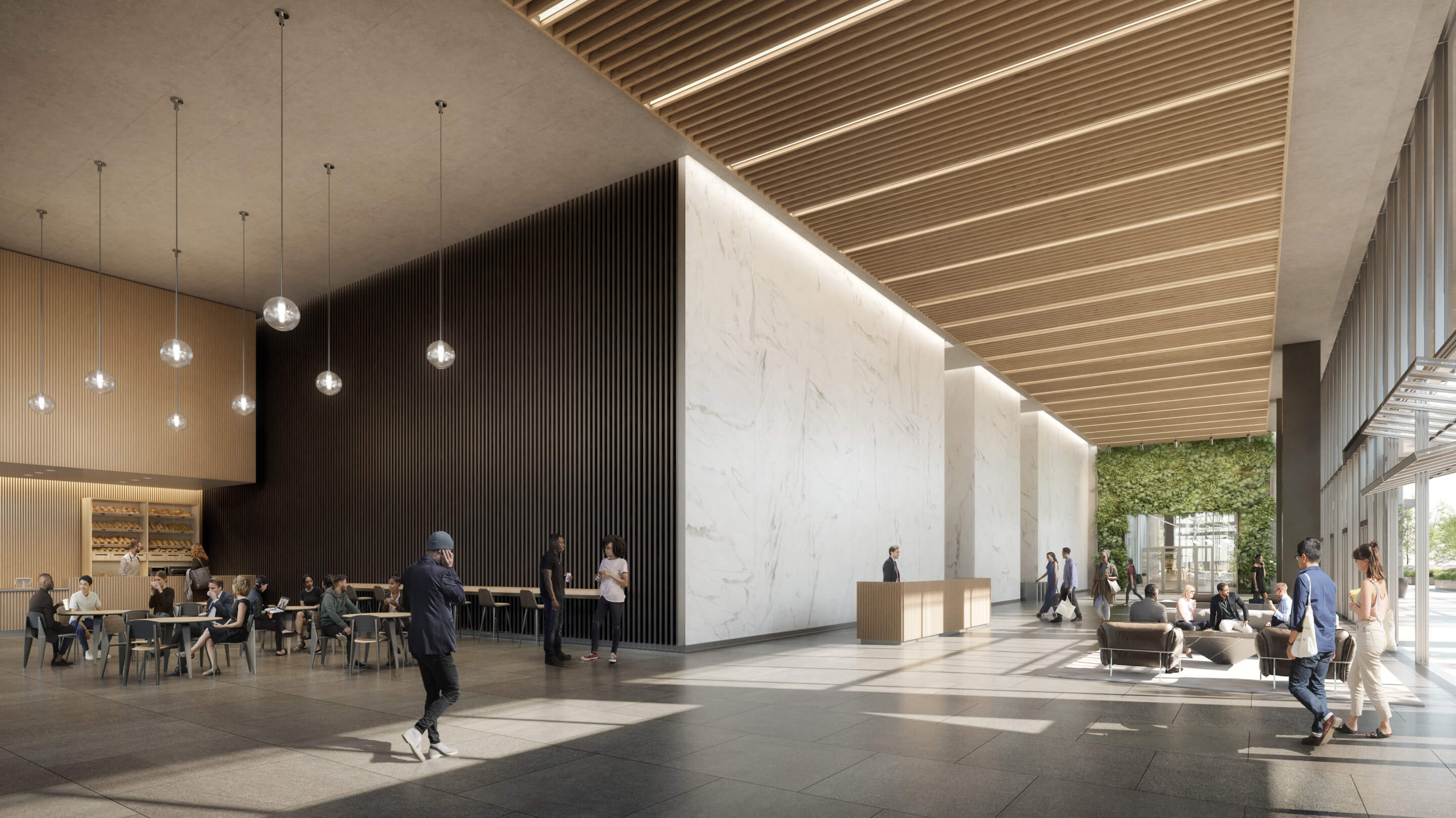 rendering of a double-height office building lobby inside One Centennial Yards