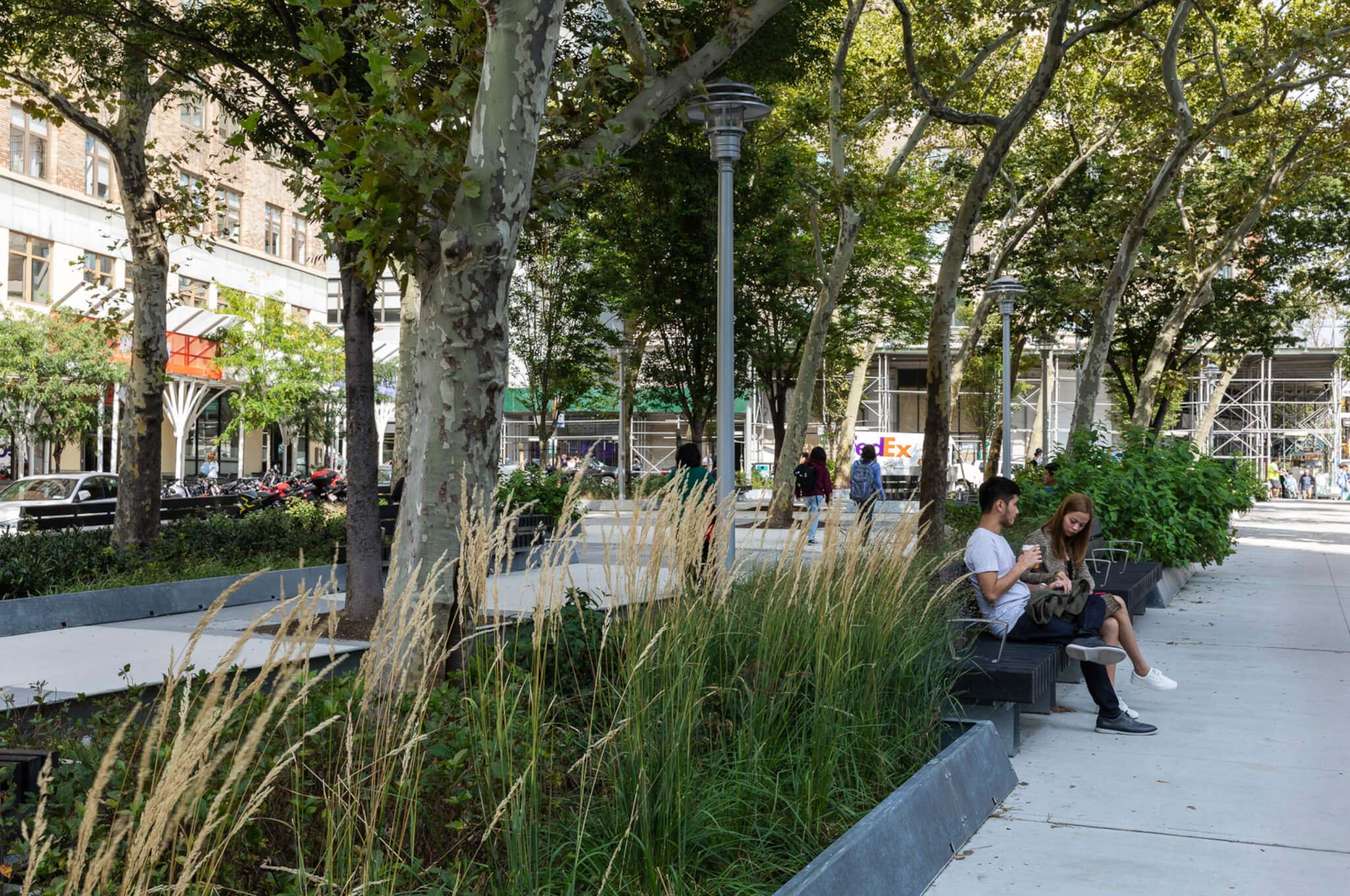 people sitting in a leafy urban park 