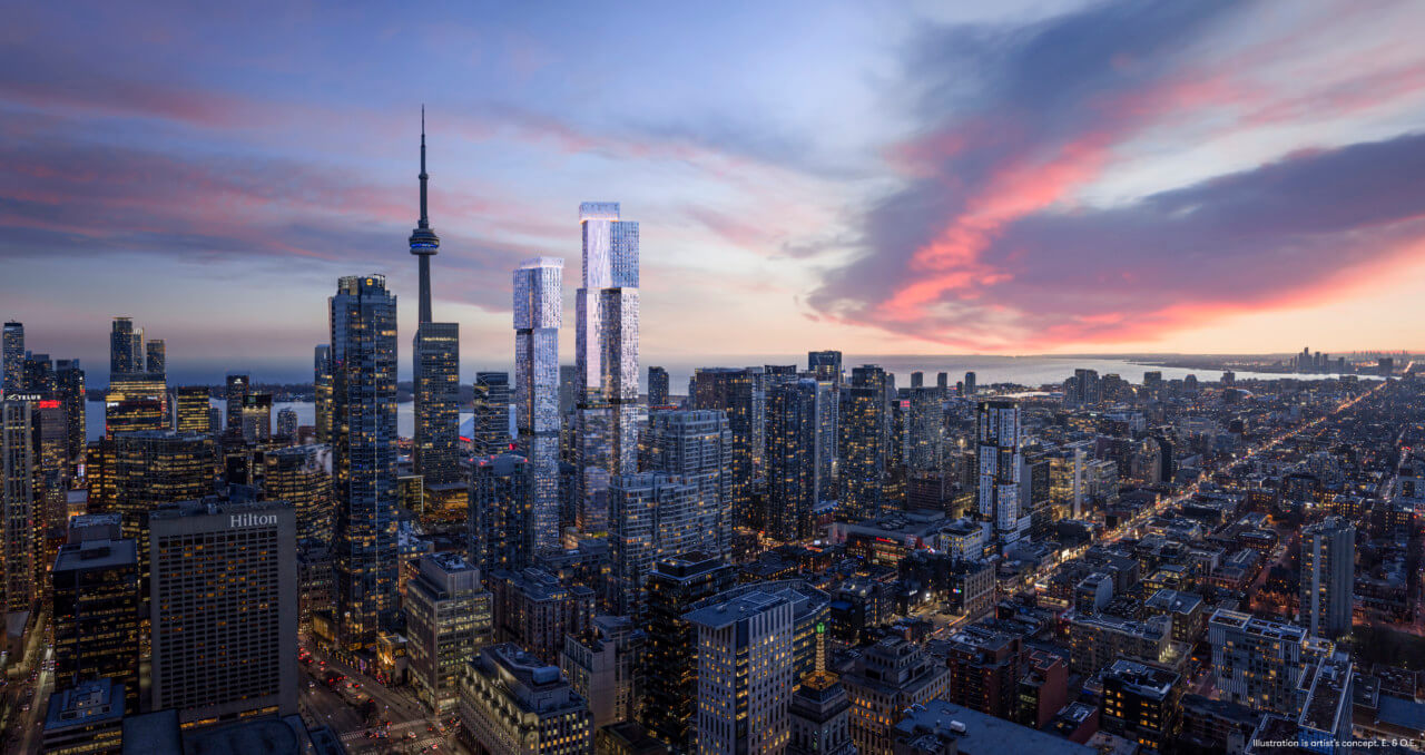 rendering of two supertall towers in toronto during sunset