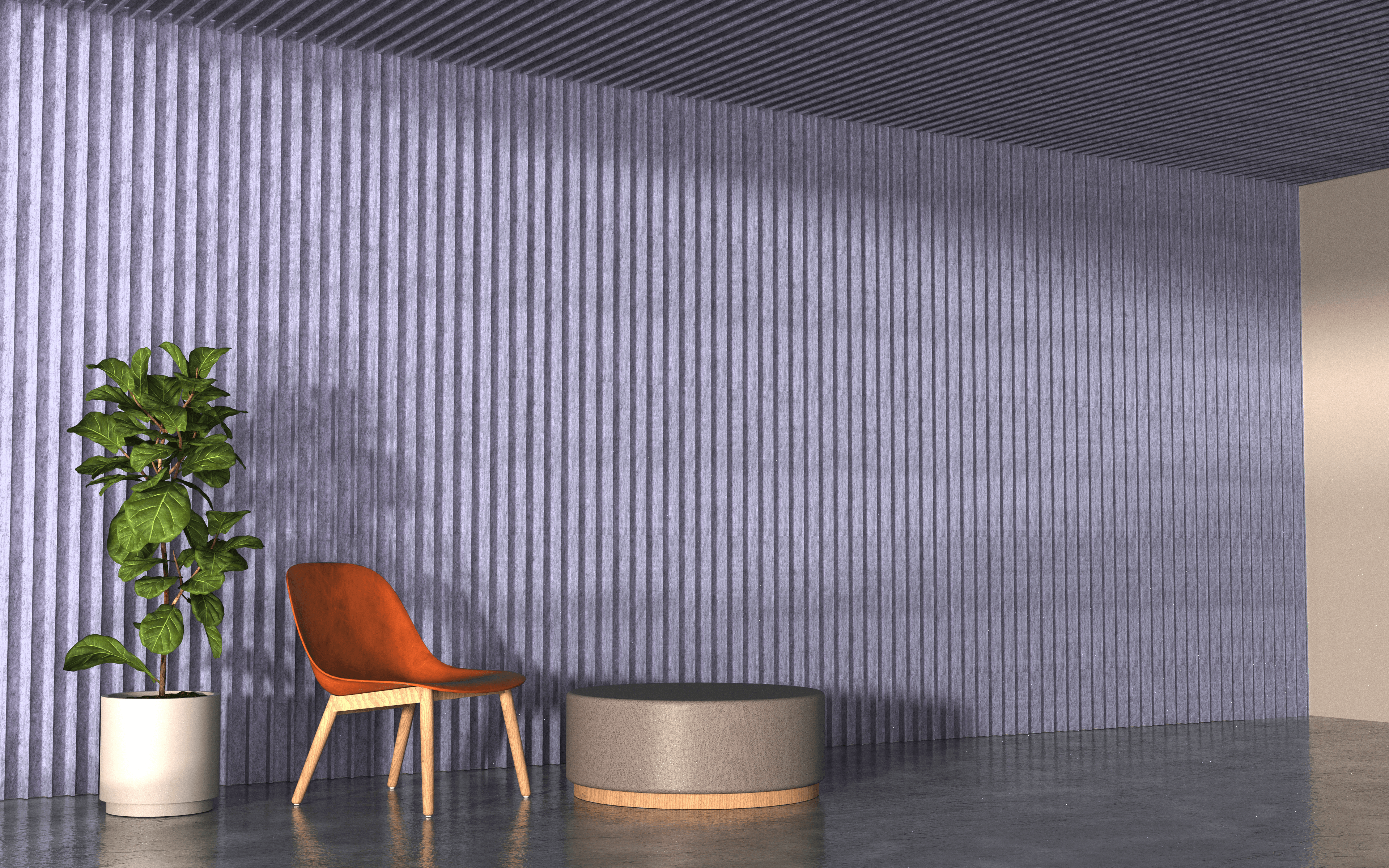 a red chair and coffee table in front of a wall lined with blue, vertically striped acoustic paneling