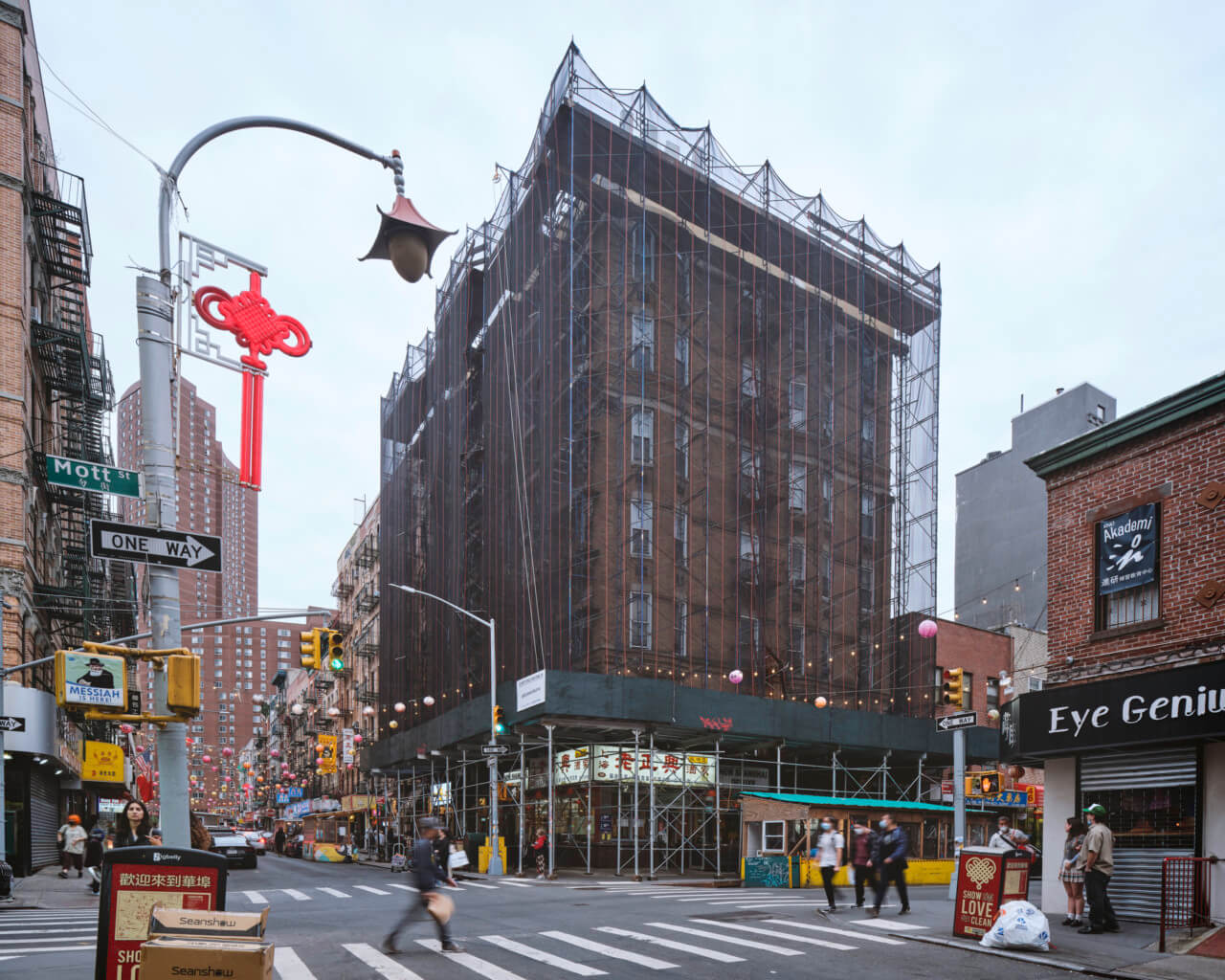 a nyc building clad in scaffolding