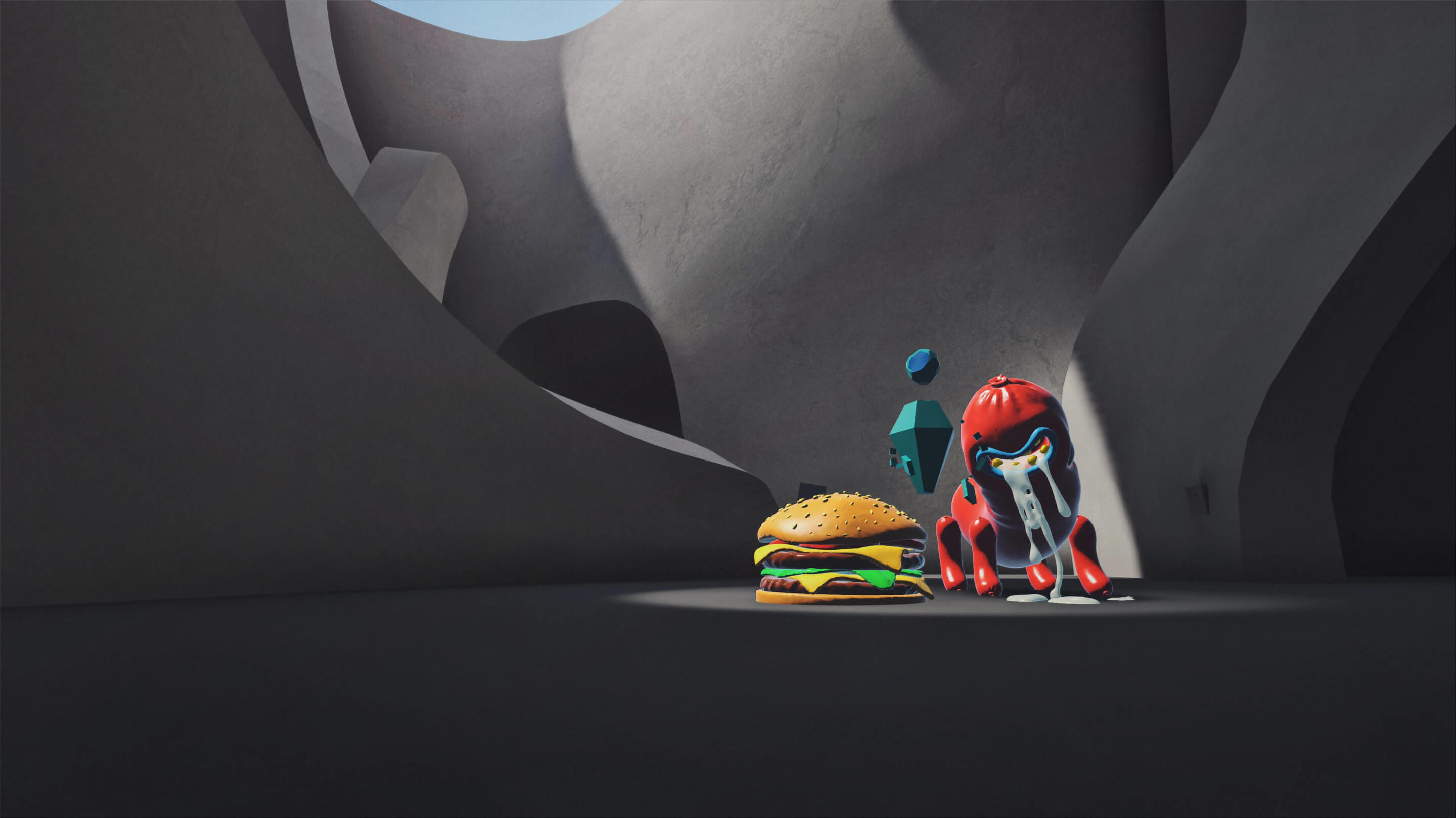 rendering of a hamburger in an empty digital museum