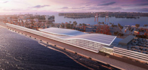 aerial rendering of a large cruise terminal in miami, PortMiami