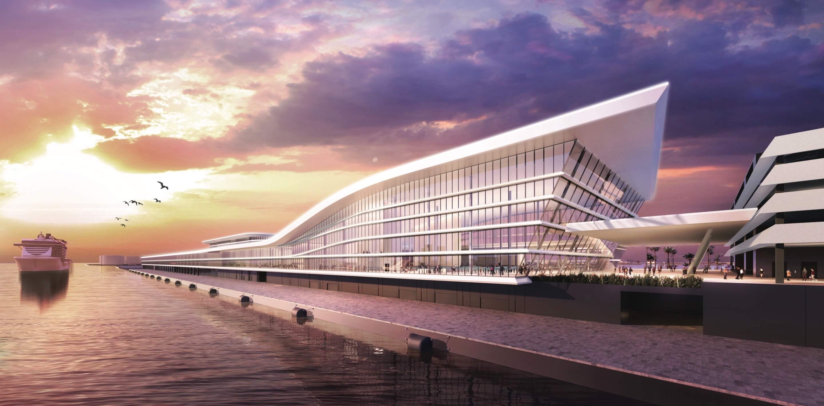 exterior rendering of a cruise ship terminal as seen from the water