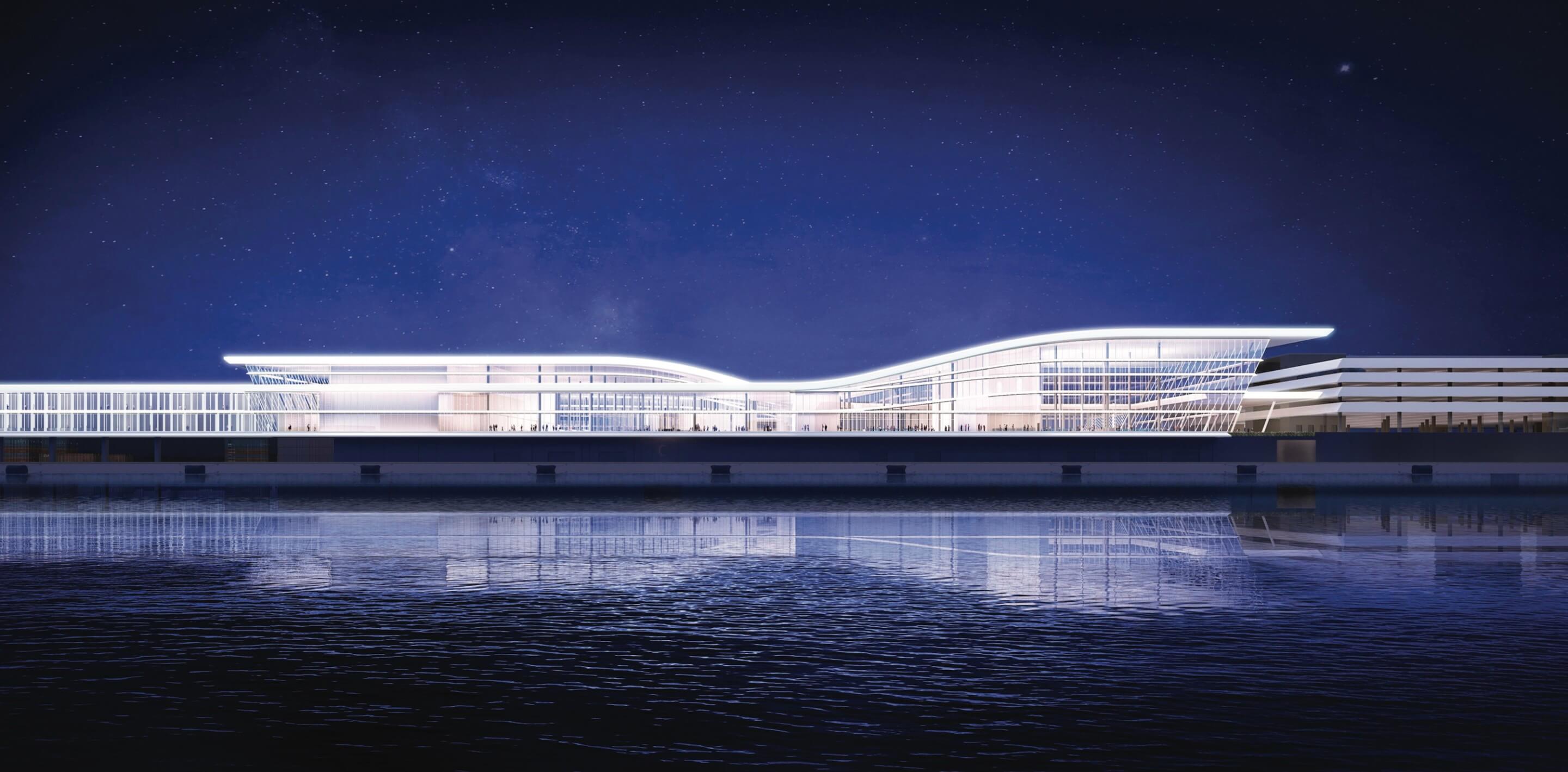 exterior rendering of a cruise ship terminal at night