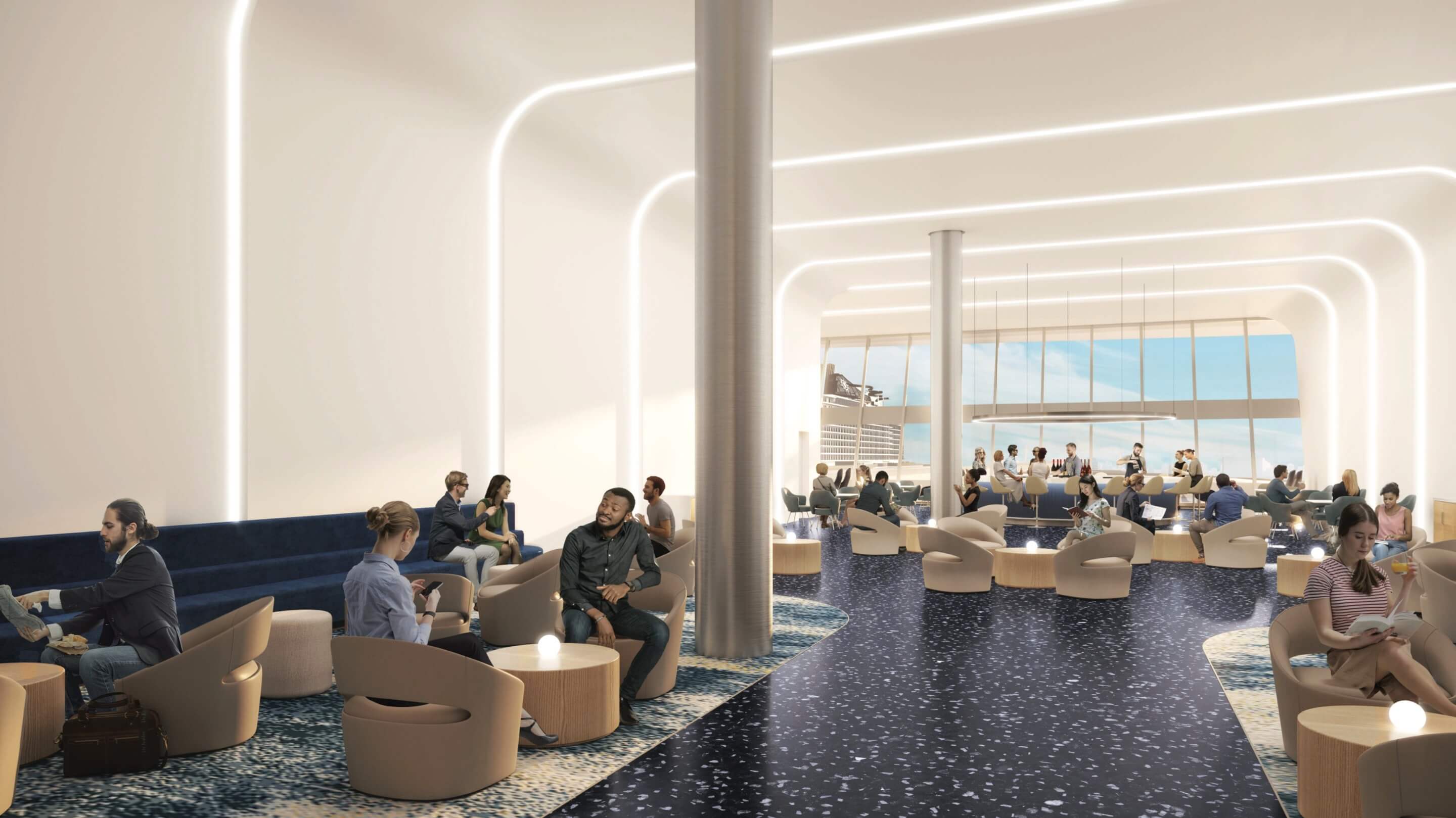 interior rendering of a lounge area in a cruise ship terminal