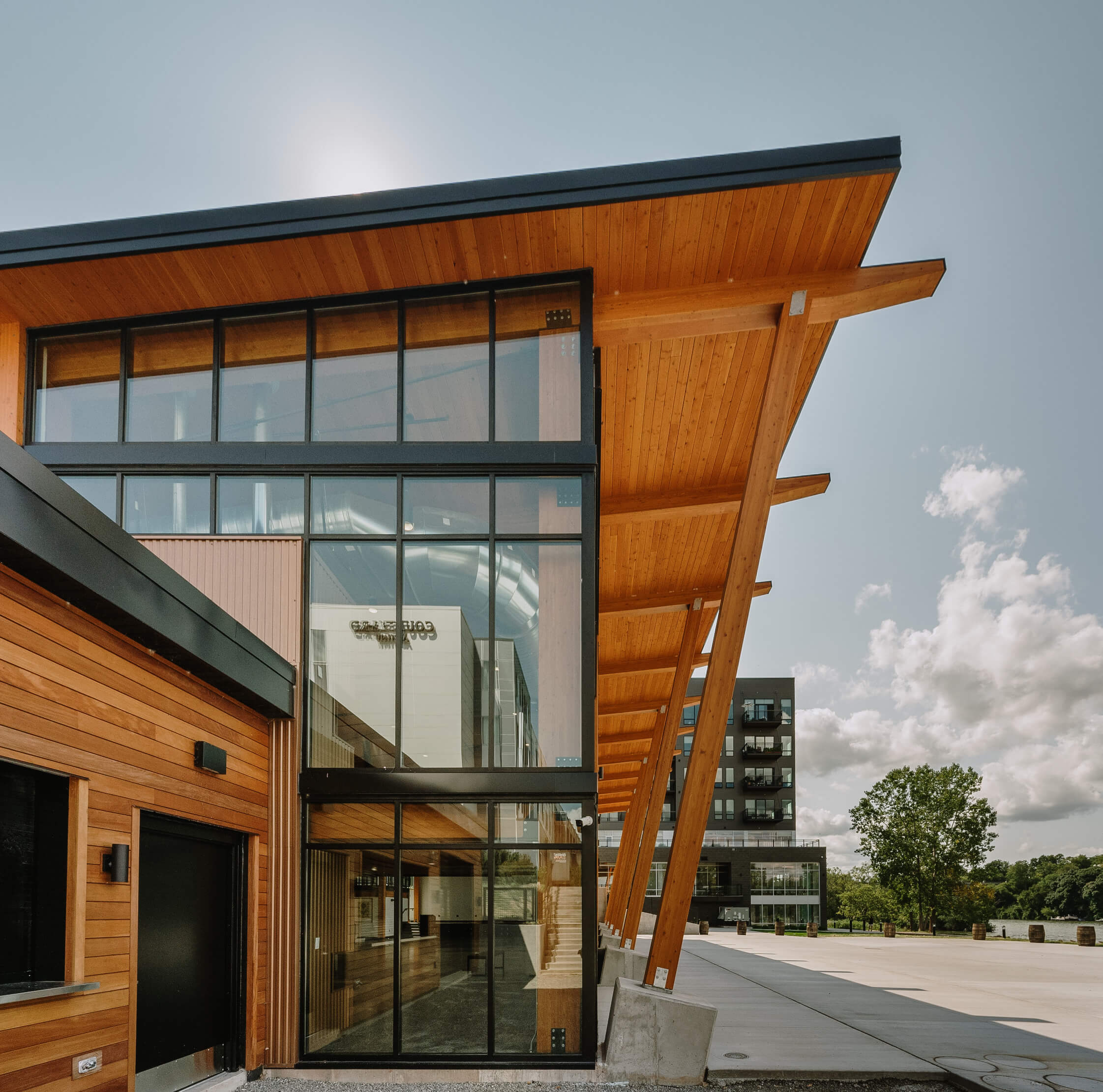 exterior of a mass timber building with roof overhang