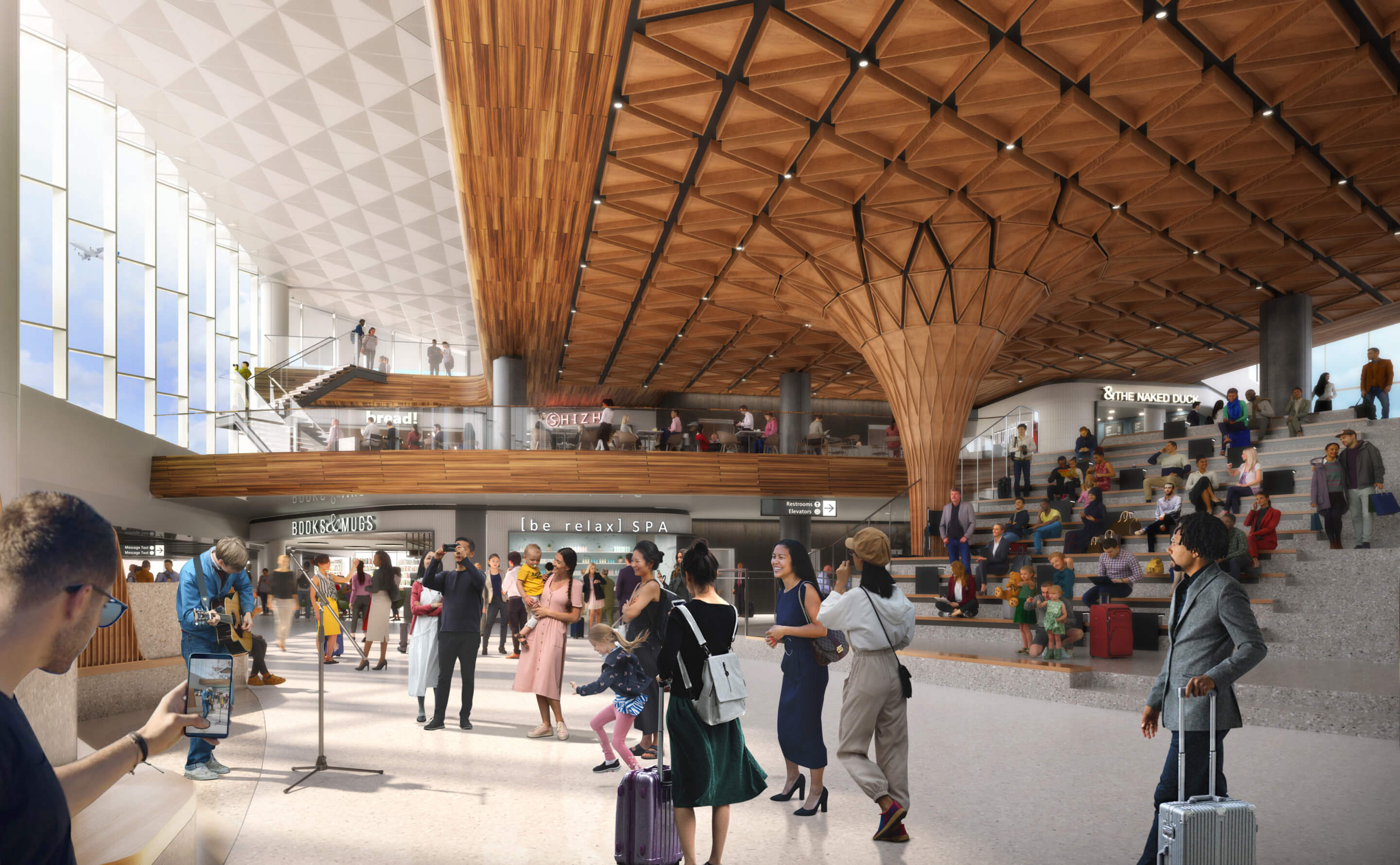 rendering of timber ceiling and column in airport terminal