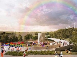 rendering of a lgbtq+ monument surrounded by parkland with a rainbow in the sky