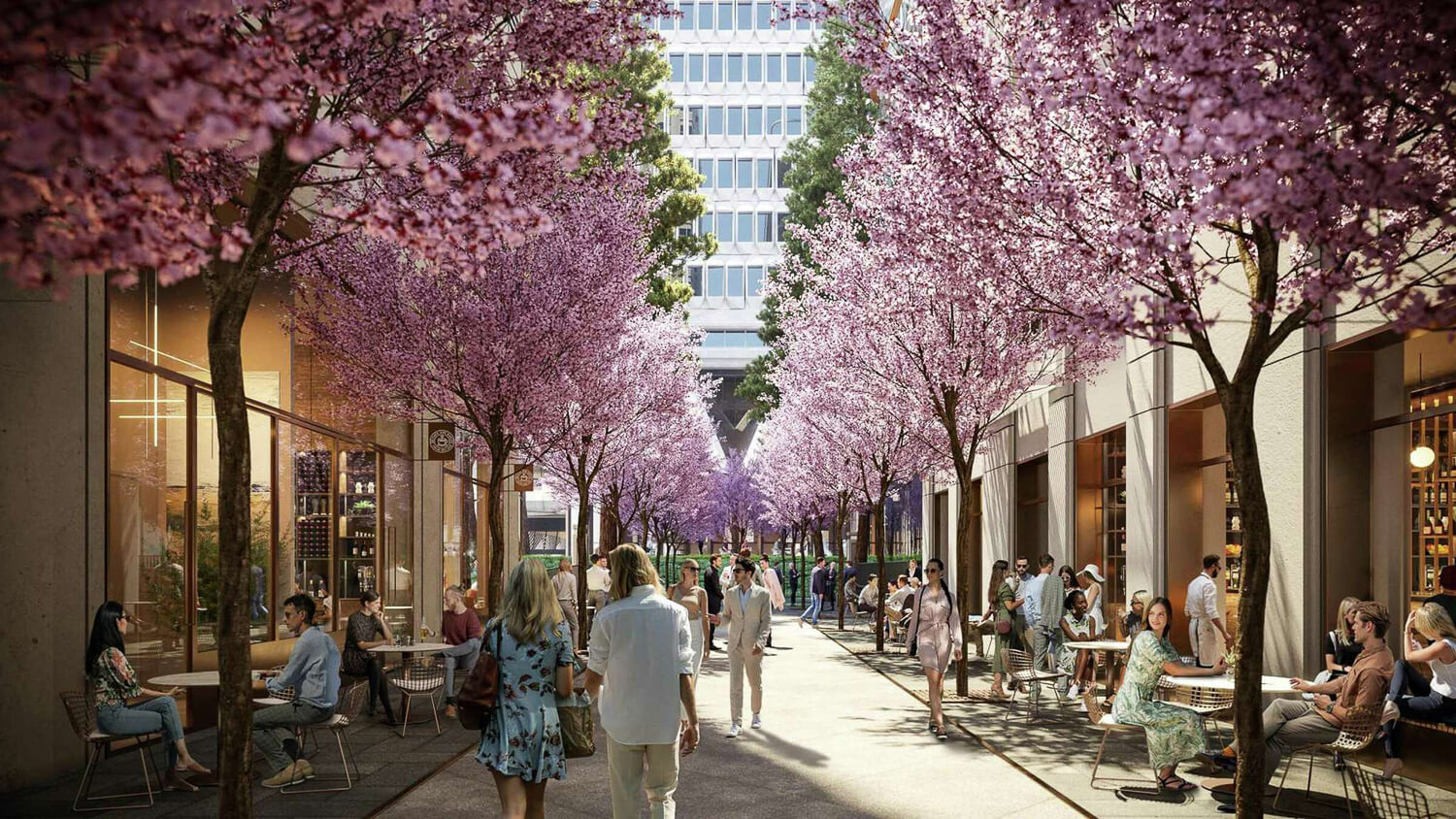 rendering of a cherry tree-lined street