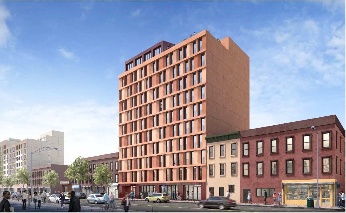 Rendering of a soft terracotta-colored building with many windows on the front, facing the main street