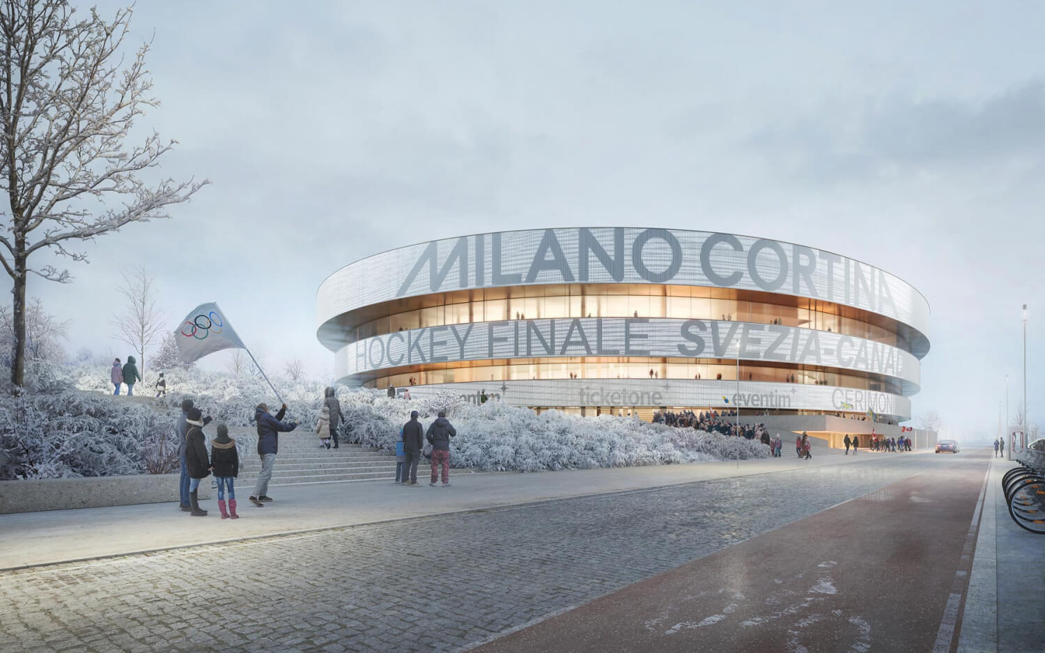 rendering of a circular arena pictured in snowy conditions