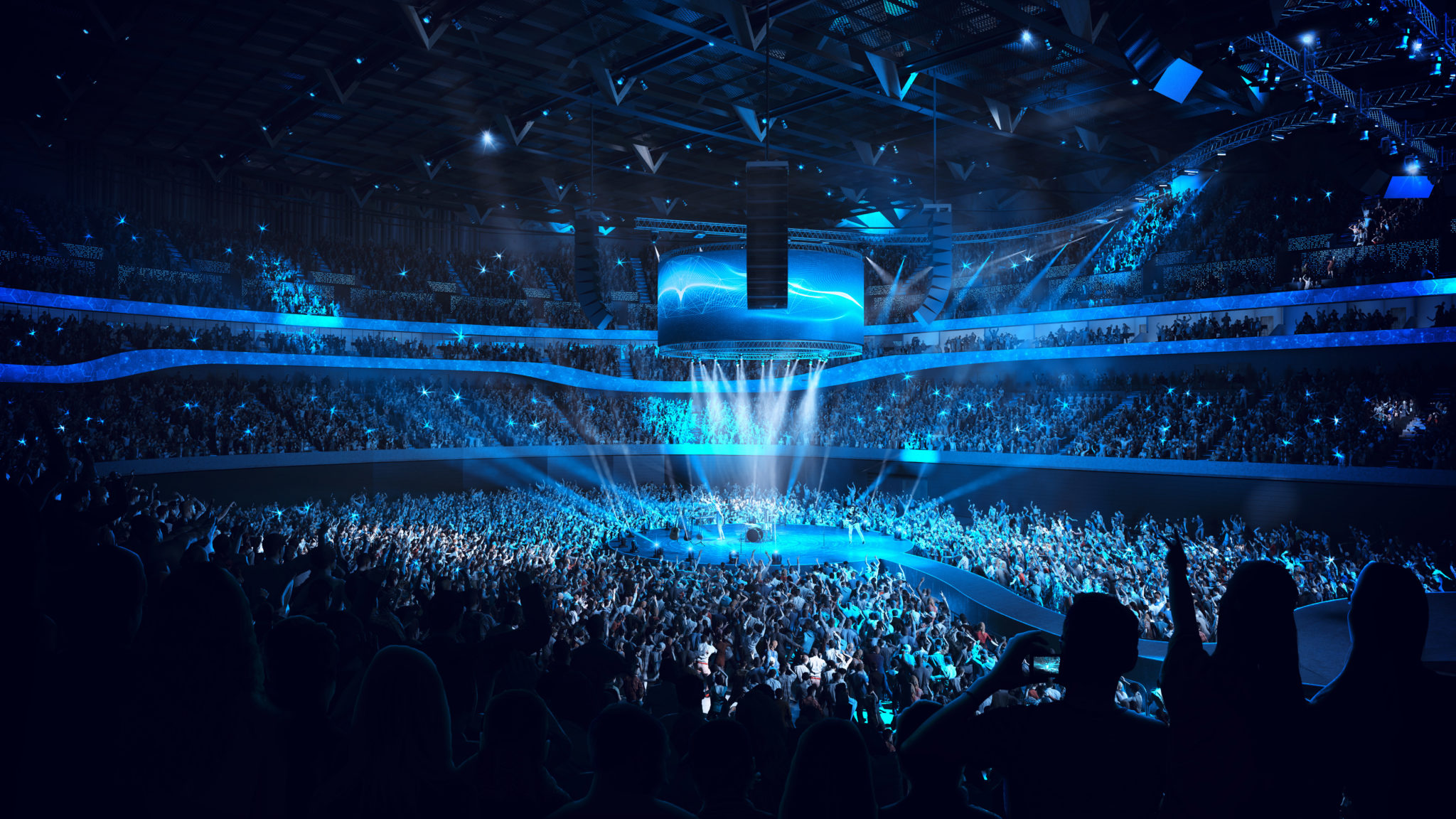 rendering of moody blue lighting during a concert at an indoor arena