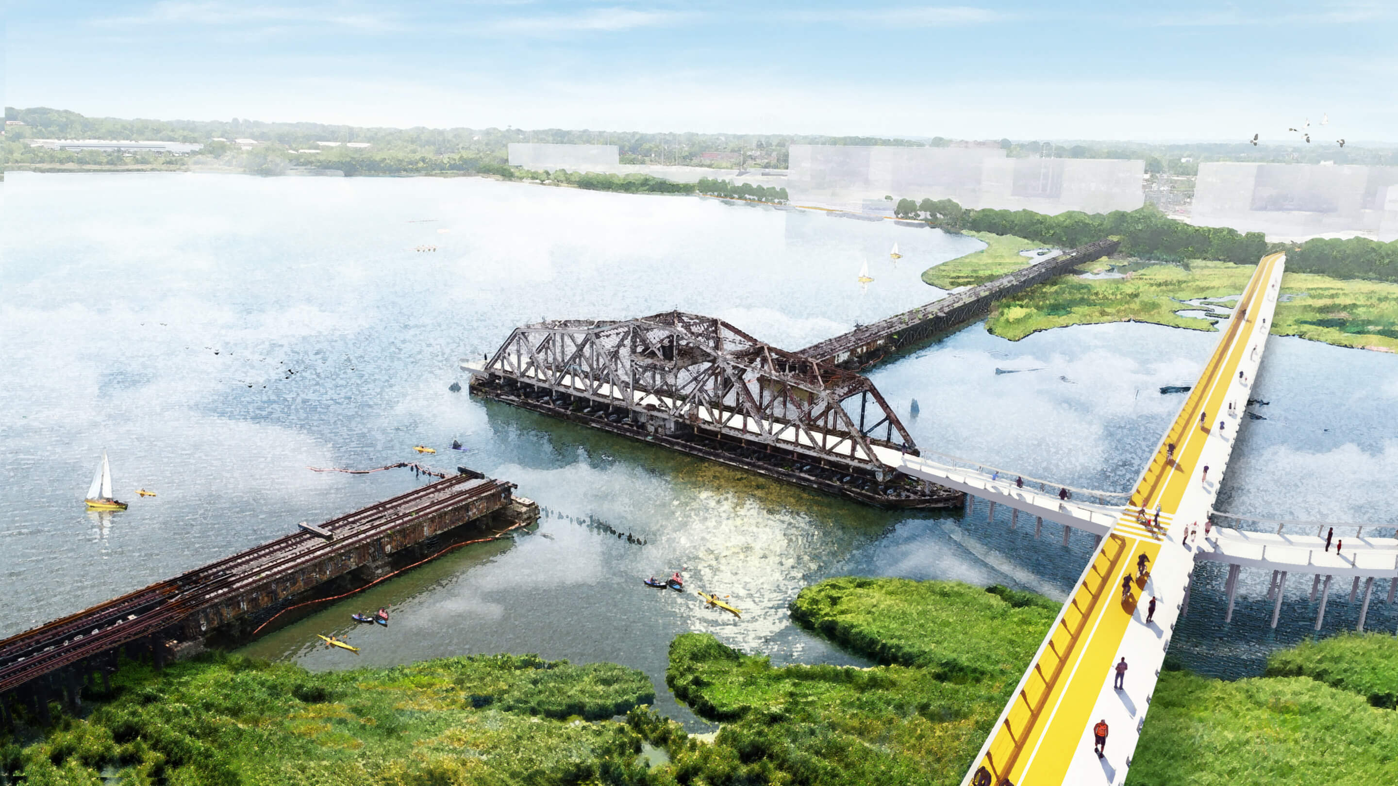 rendering of a pedestrian bridge stretching over a cove in baltimore harbor