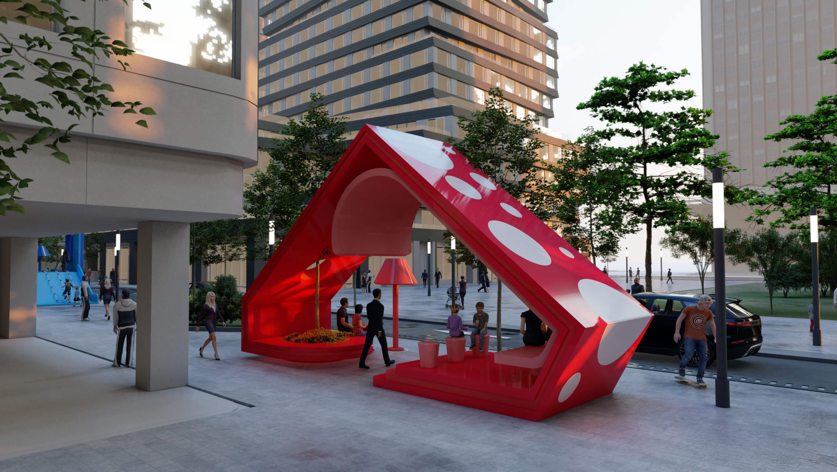 rendering of a large red public installation 