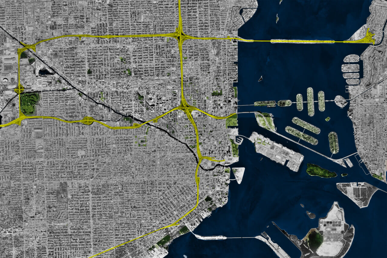 map of miami with highlighted highways project built between the mid-1950s and 1984.