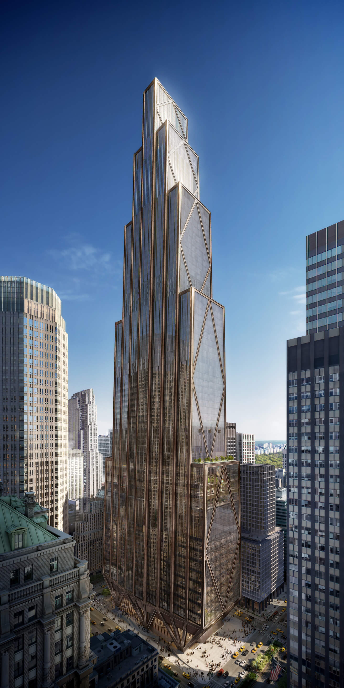 rendering of a glass tower with a diagrid facade