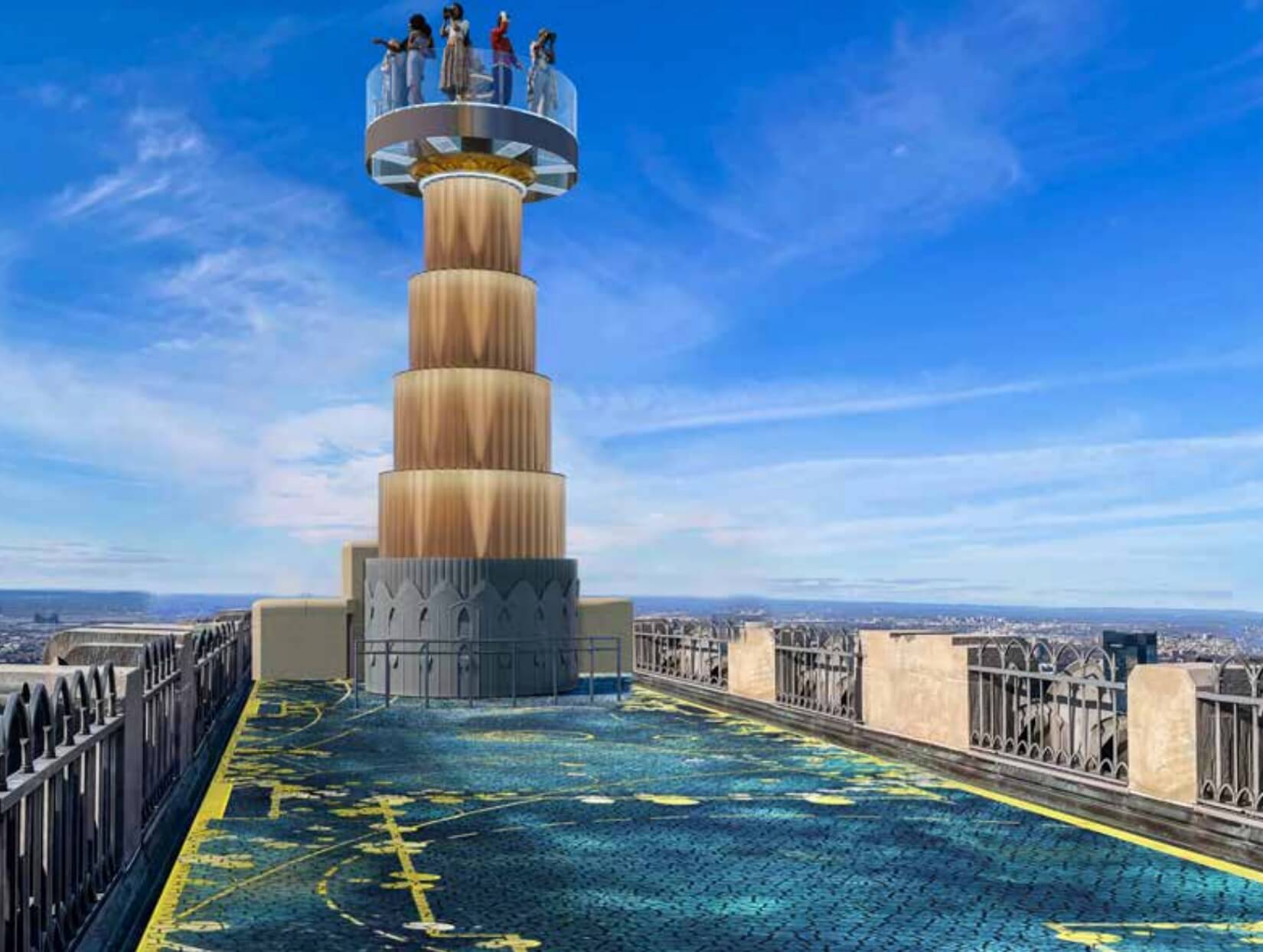 rendering of a fluted observation platform above the manhattan skyline