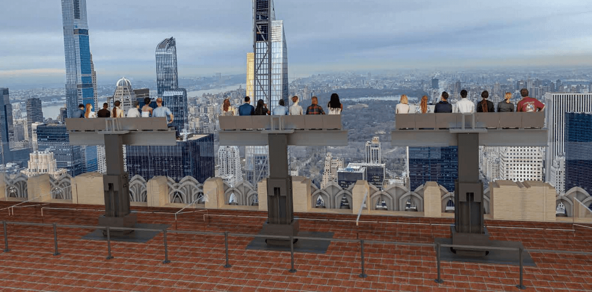 rendering of people looking out at the nyc skyline from a seated ride