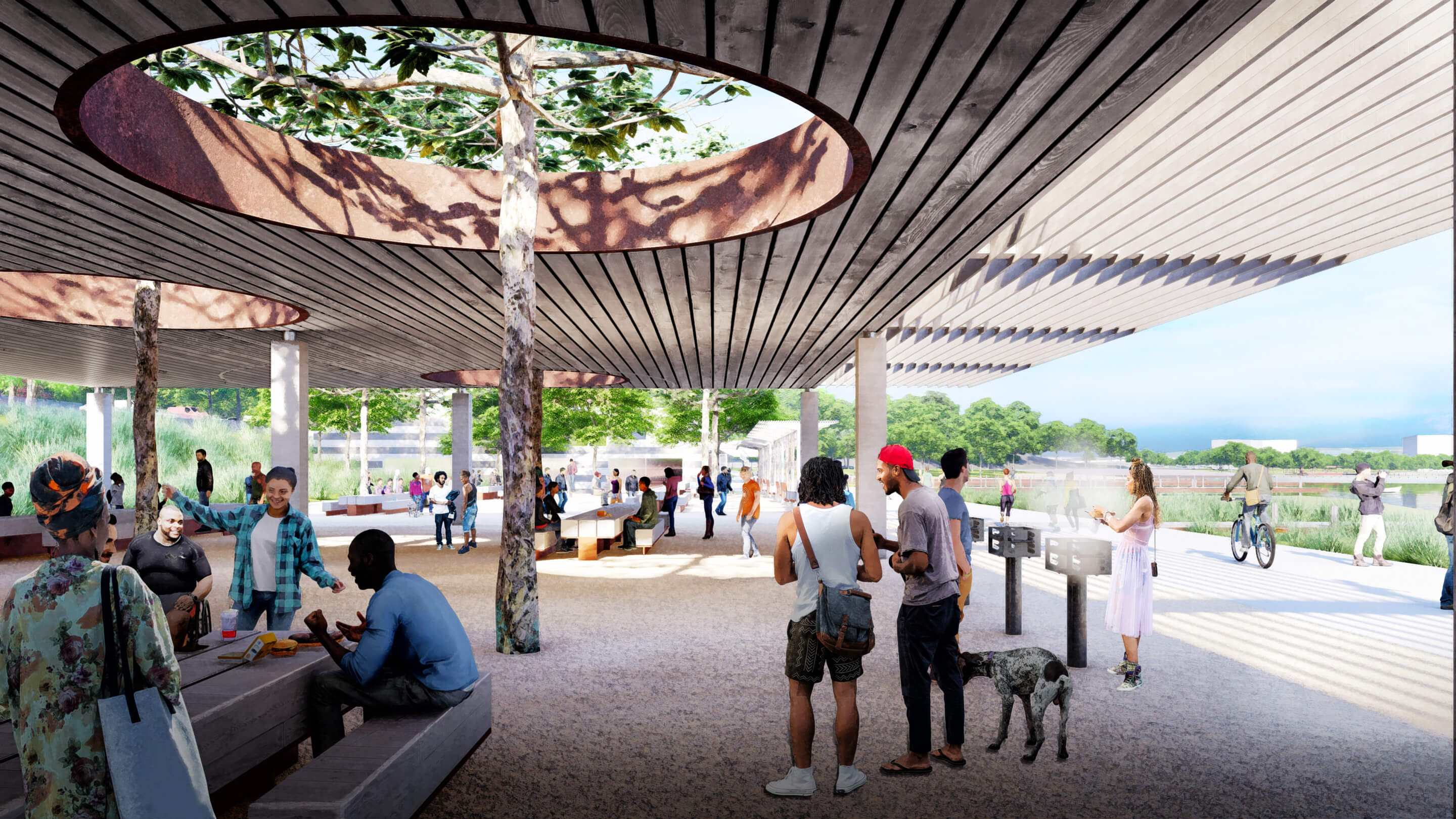 rendering of a shaded pavilion area at a park