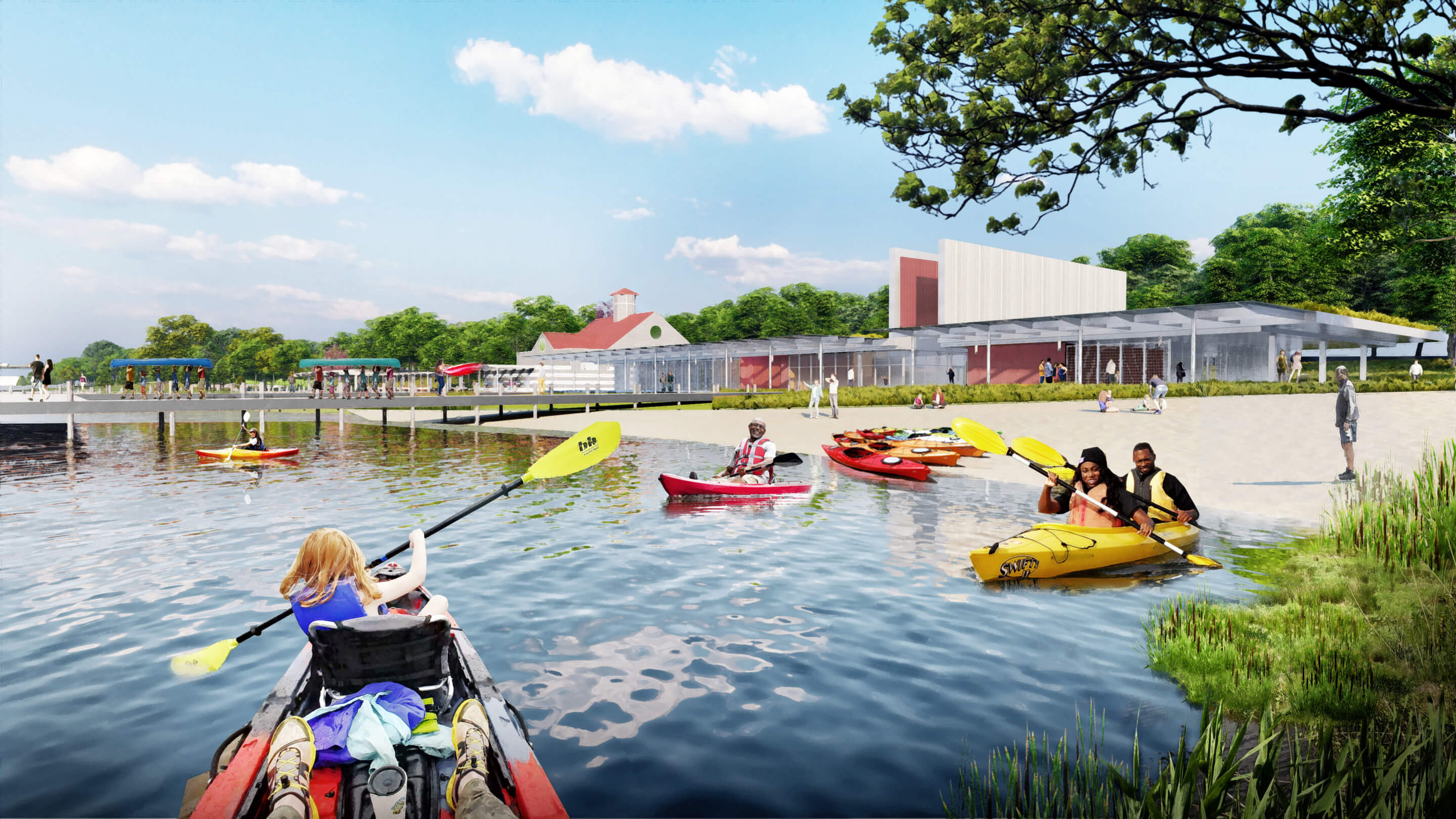 rendering of kayakers at a launch at a park