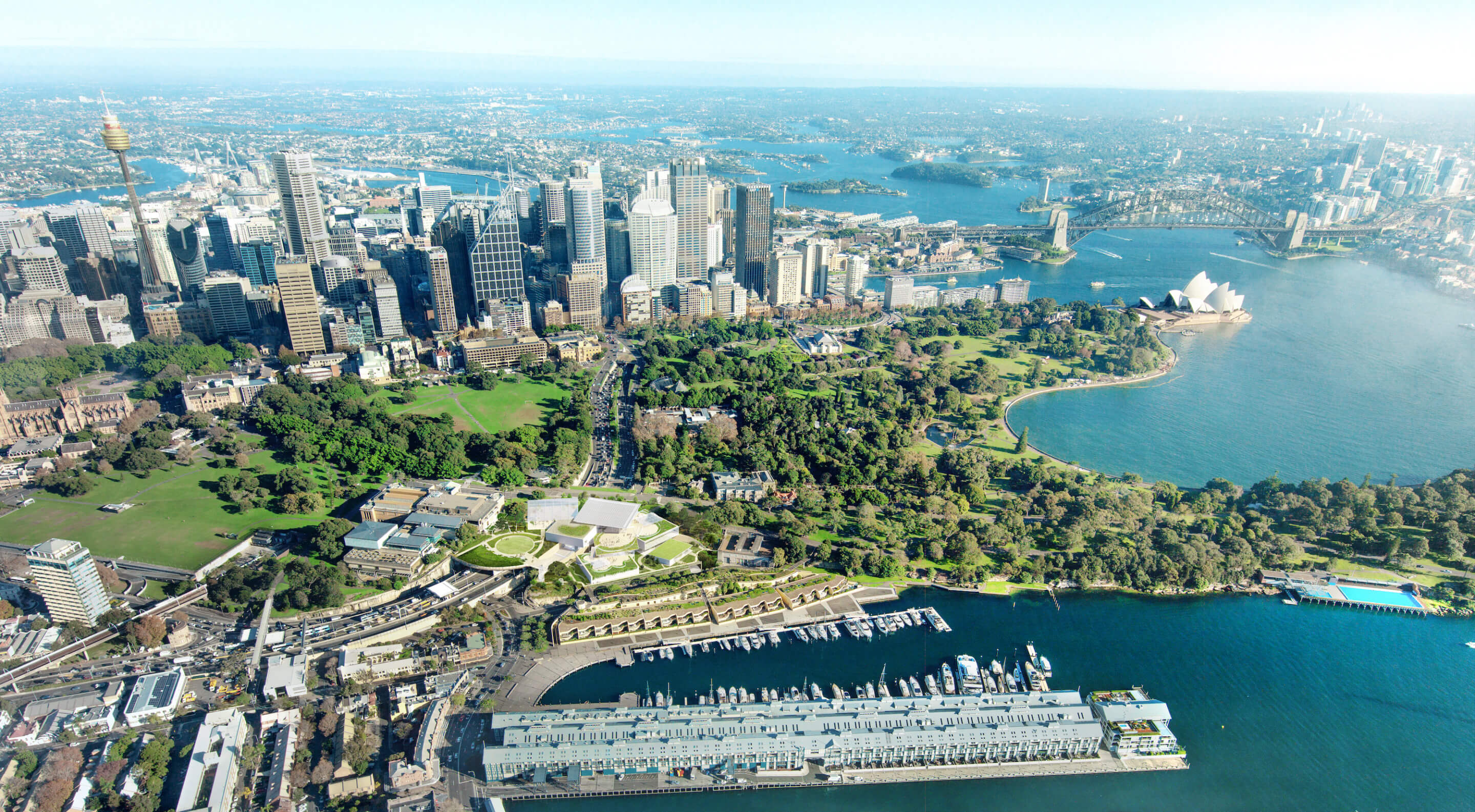 aerial view of a museum campus along sydney harbor