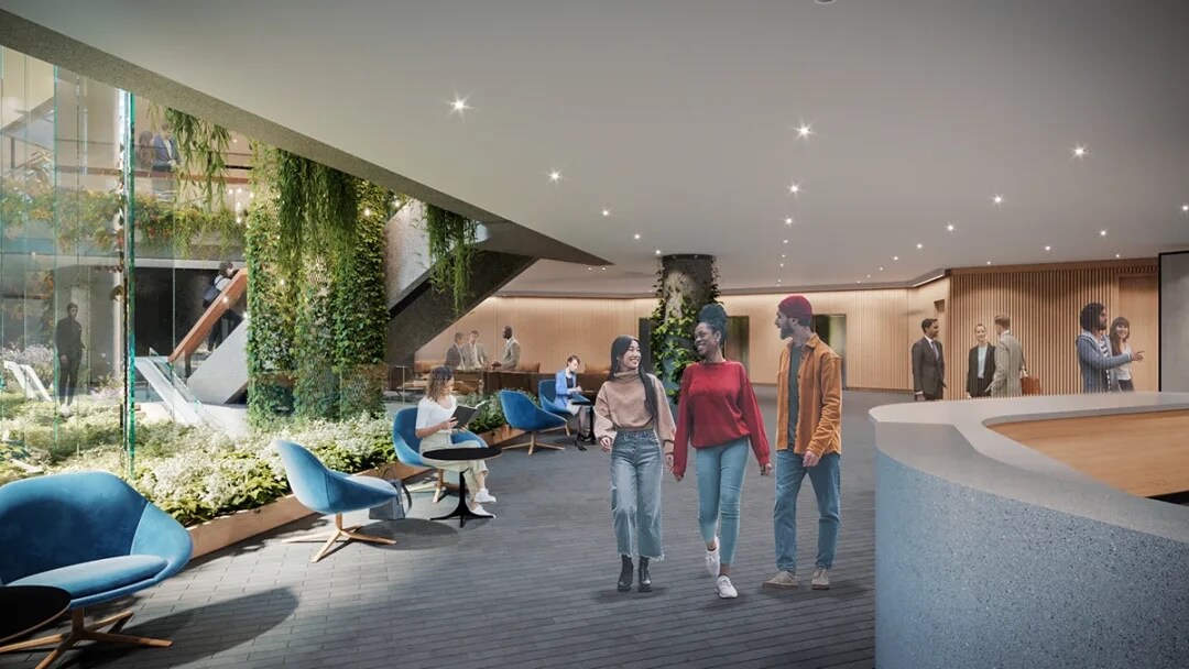 Rendering of an office building lobby
