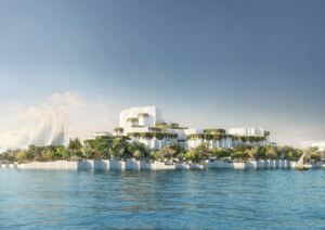 rendering of a rock-like museum complex from the water