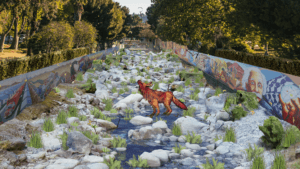 Rendering of a cartoonish looking fox in the bed of the LA River
