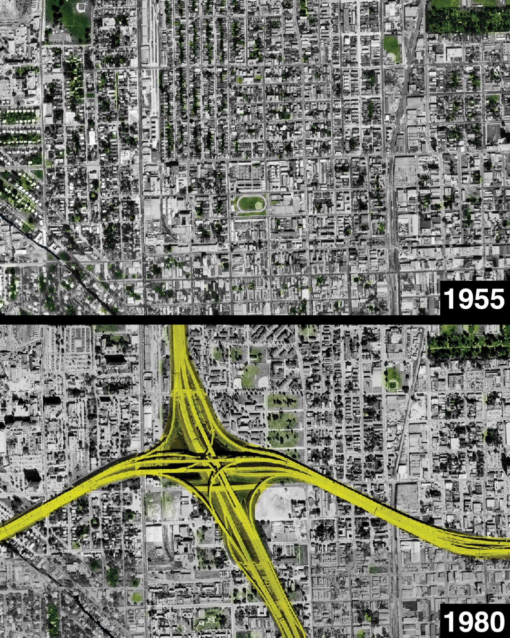 maps depicting the Overtown neighborhood in Miami before and after highway interventions 