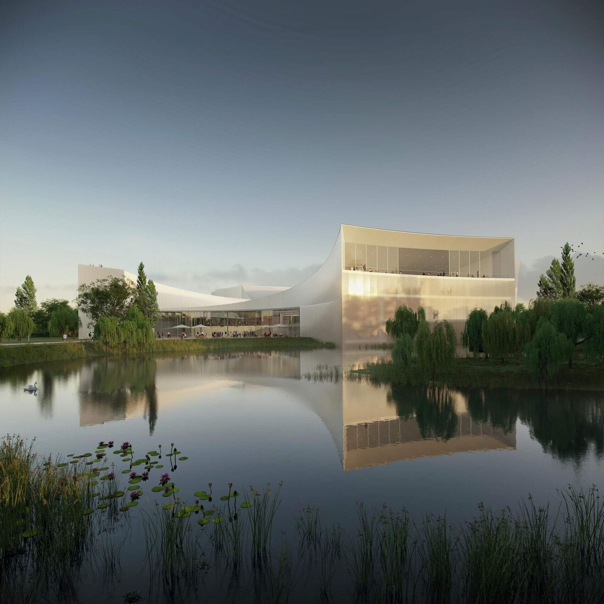 rendering of a swooping concert hall next to a pond