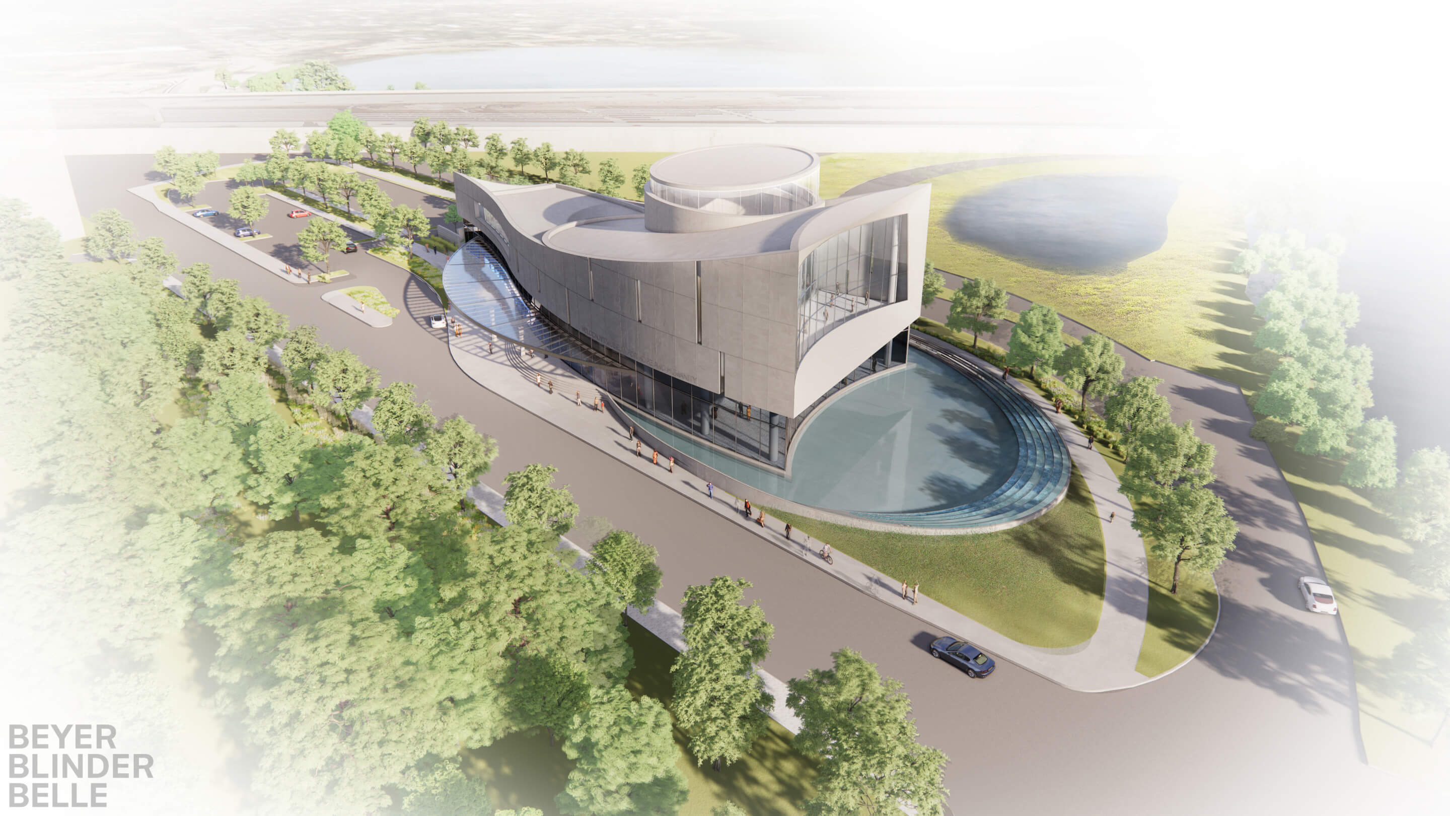 aerial rendering of a museum building with water feature 