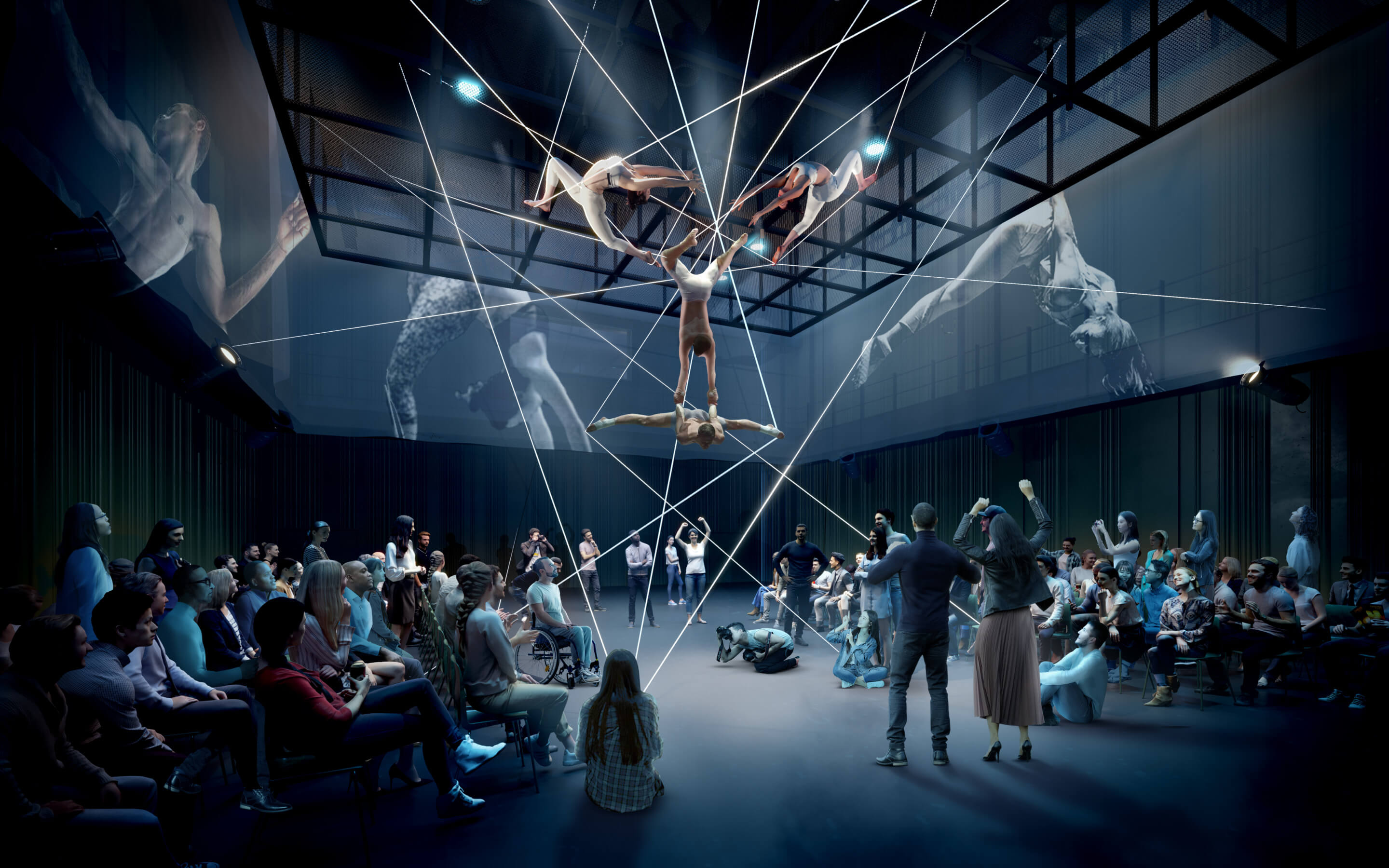 rendering depicting an audience watching aerialists 