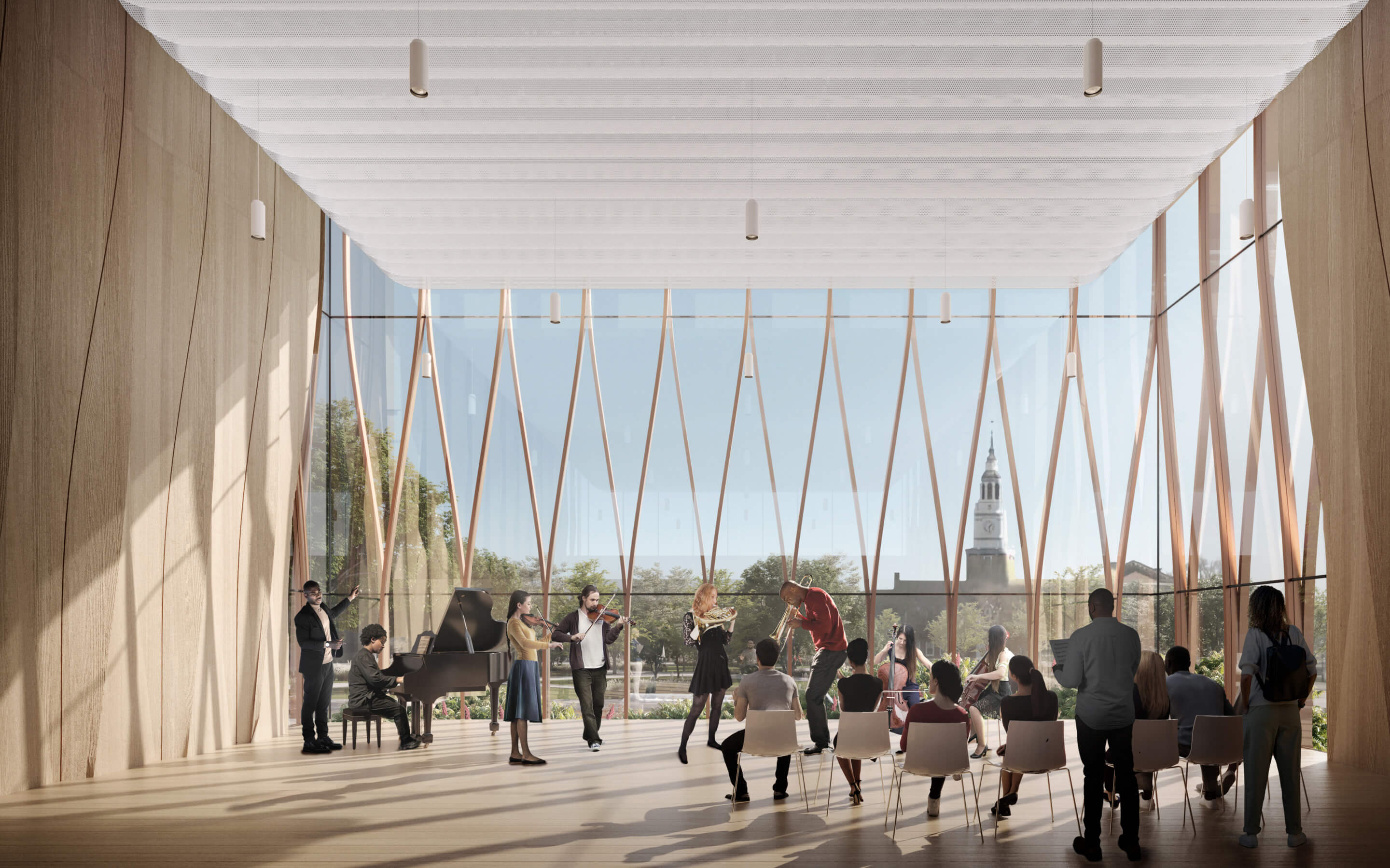 rendering of a performance space with soaring windows looking out into a campus