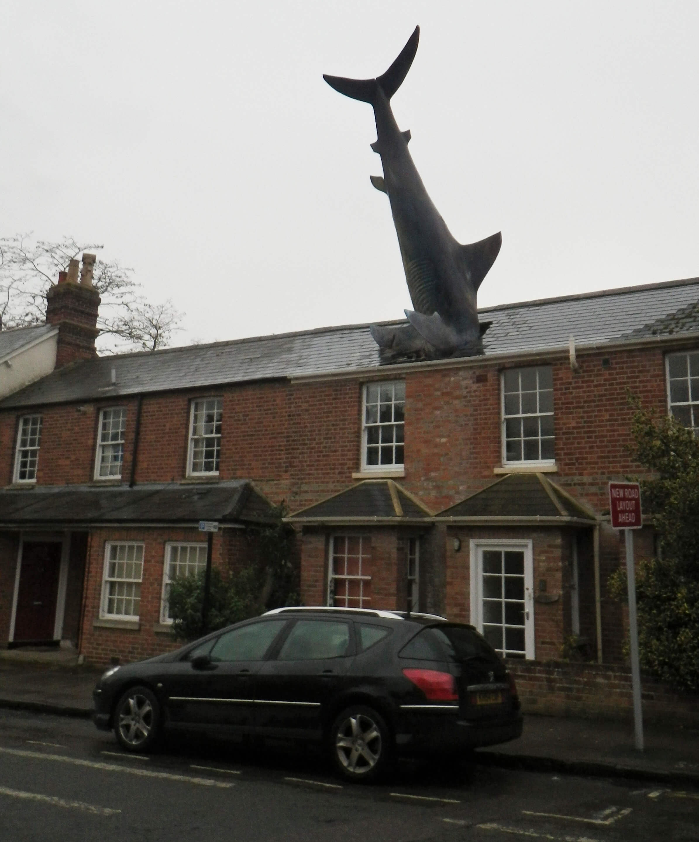 a shark sculpture embedded into the roof of a house