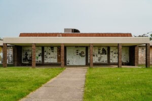 exterior of an abandoned rec center