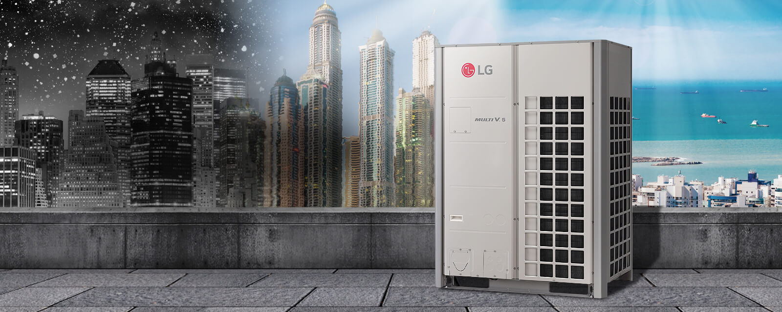 LG AC unit pictured in front of a background of varying city types