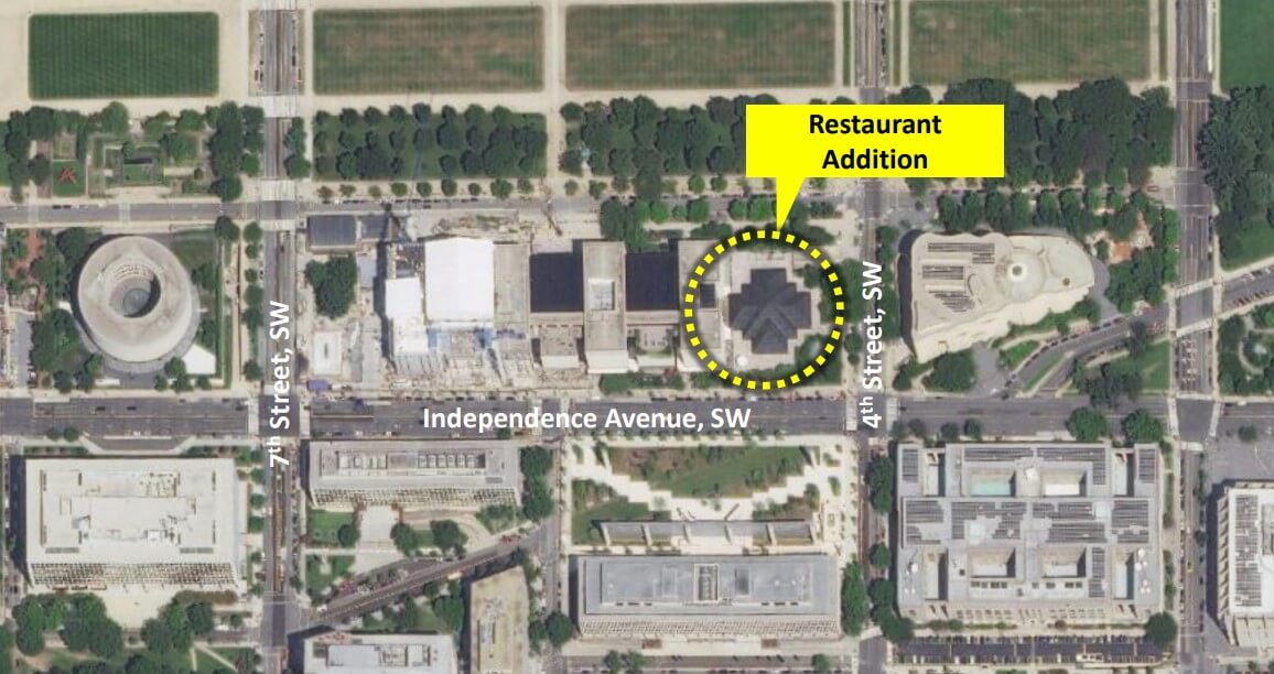 Bird's eye view of the aerial view of the National Air and Space Museum with the museum restaurantlabelled