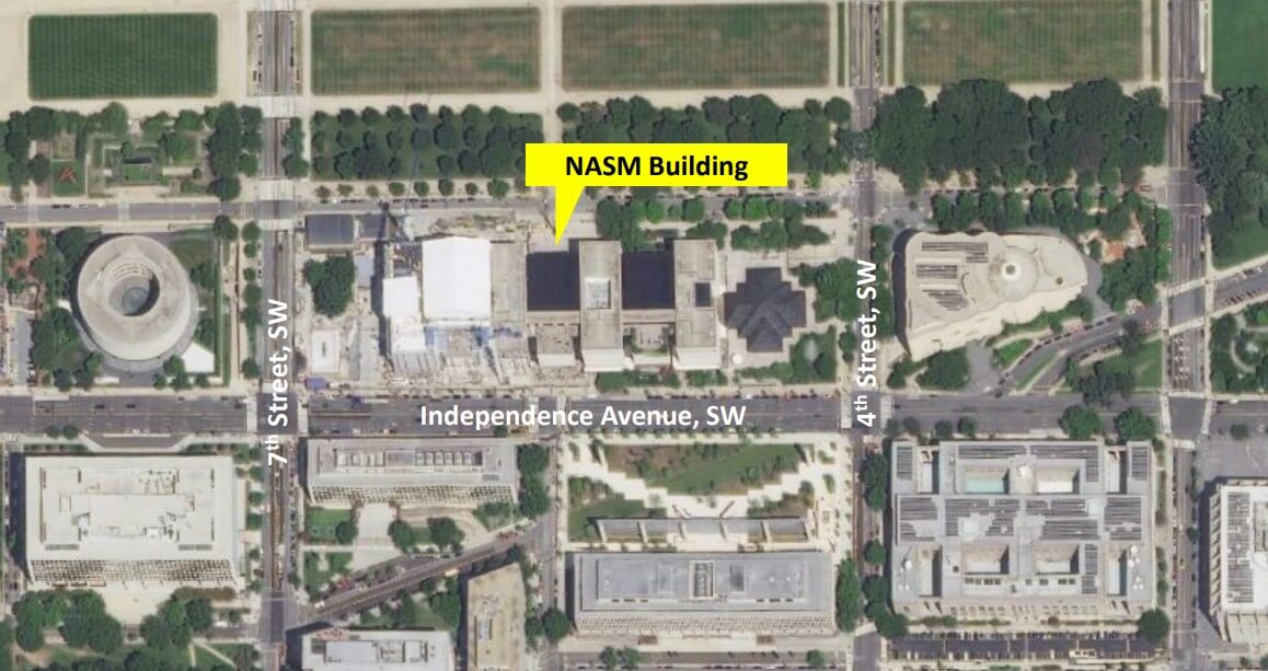 Bird's eye view of the aerial view of the National Air and Space Museum with the museum labelled