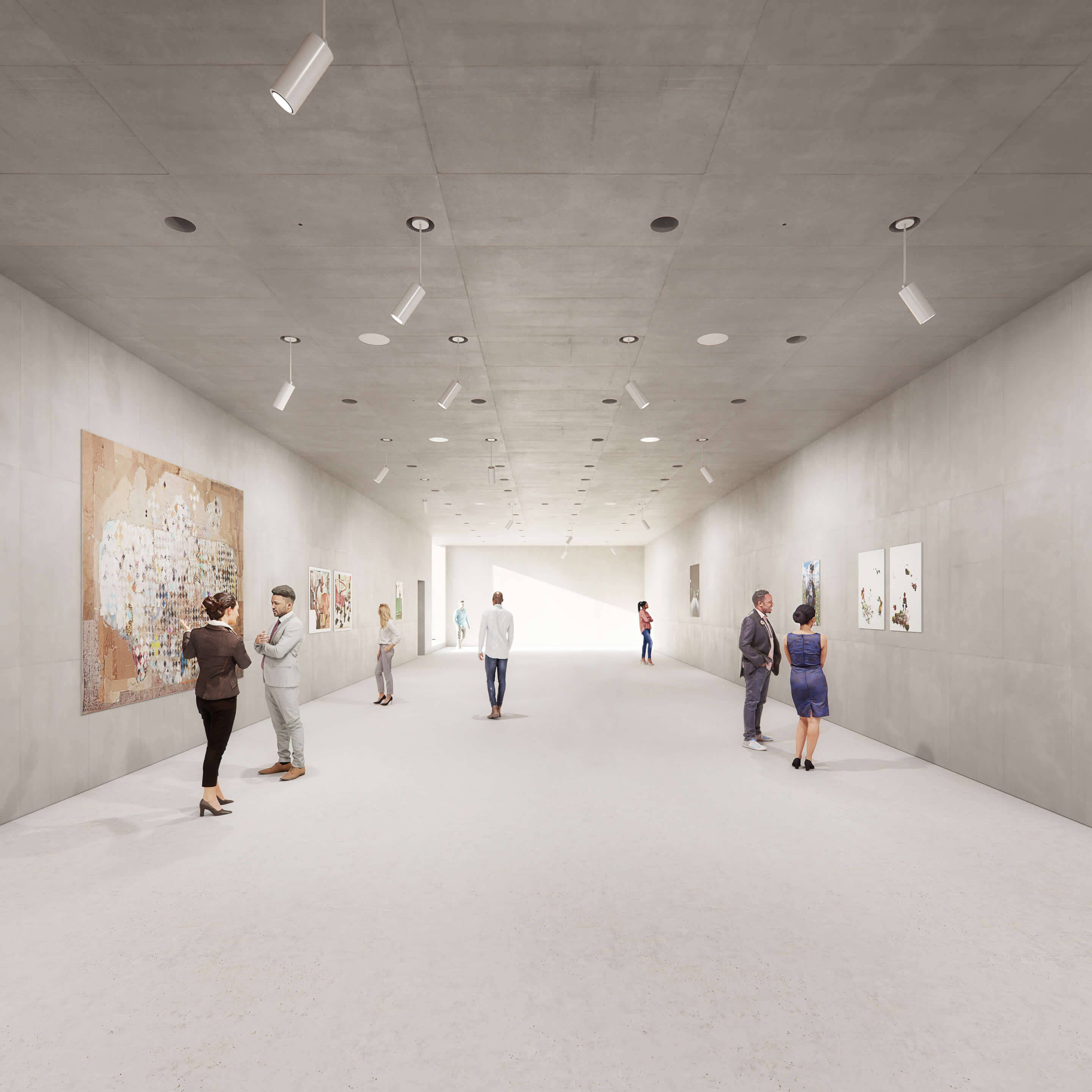 rendering of people viewing art in an exhibition space