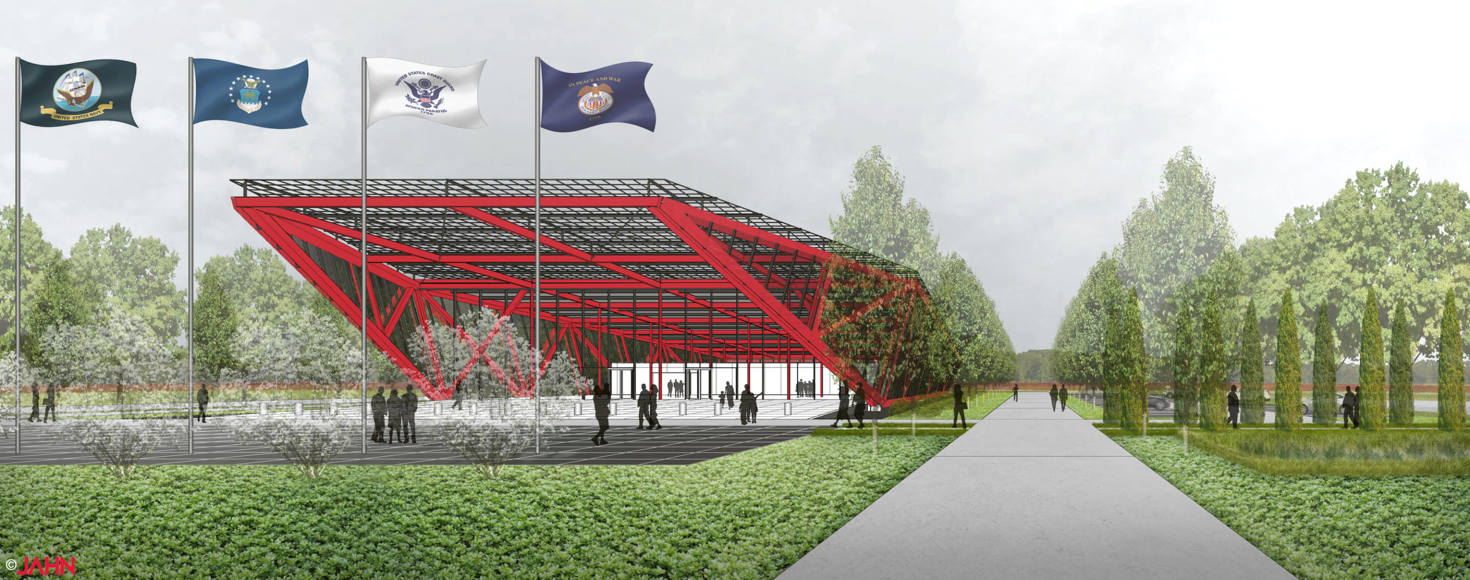 rendering of an exhibition building with red trusses