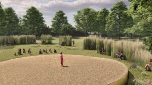 rendering of a circular performance stage in a field